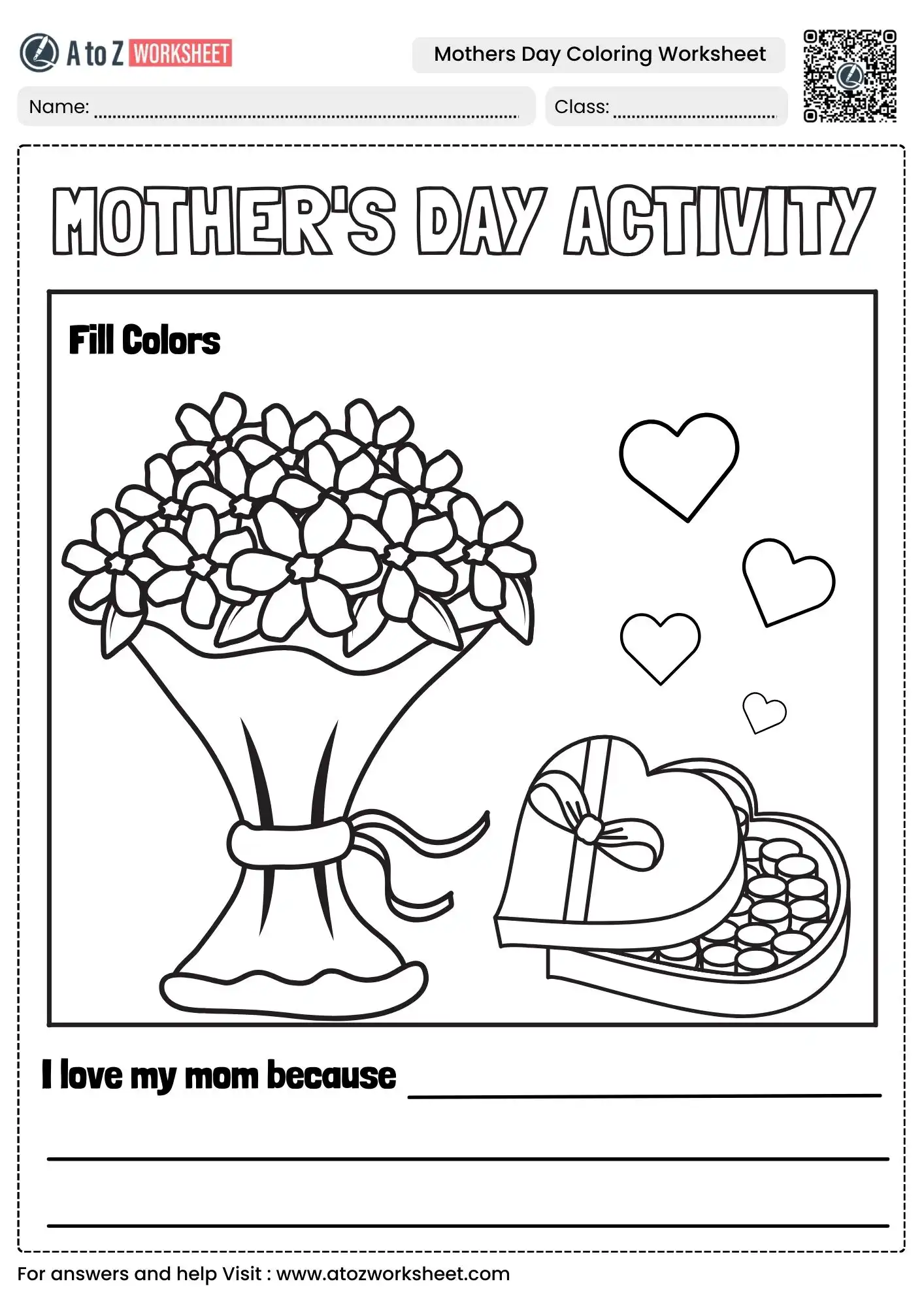mother's day activity coloring worksheet with flowers and chocolates