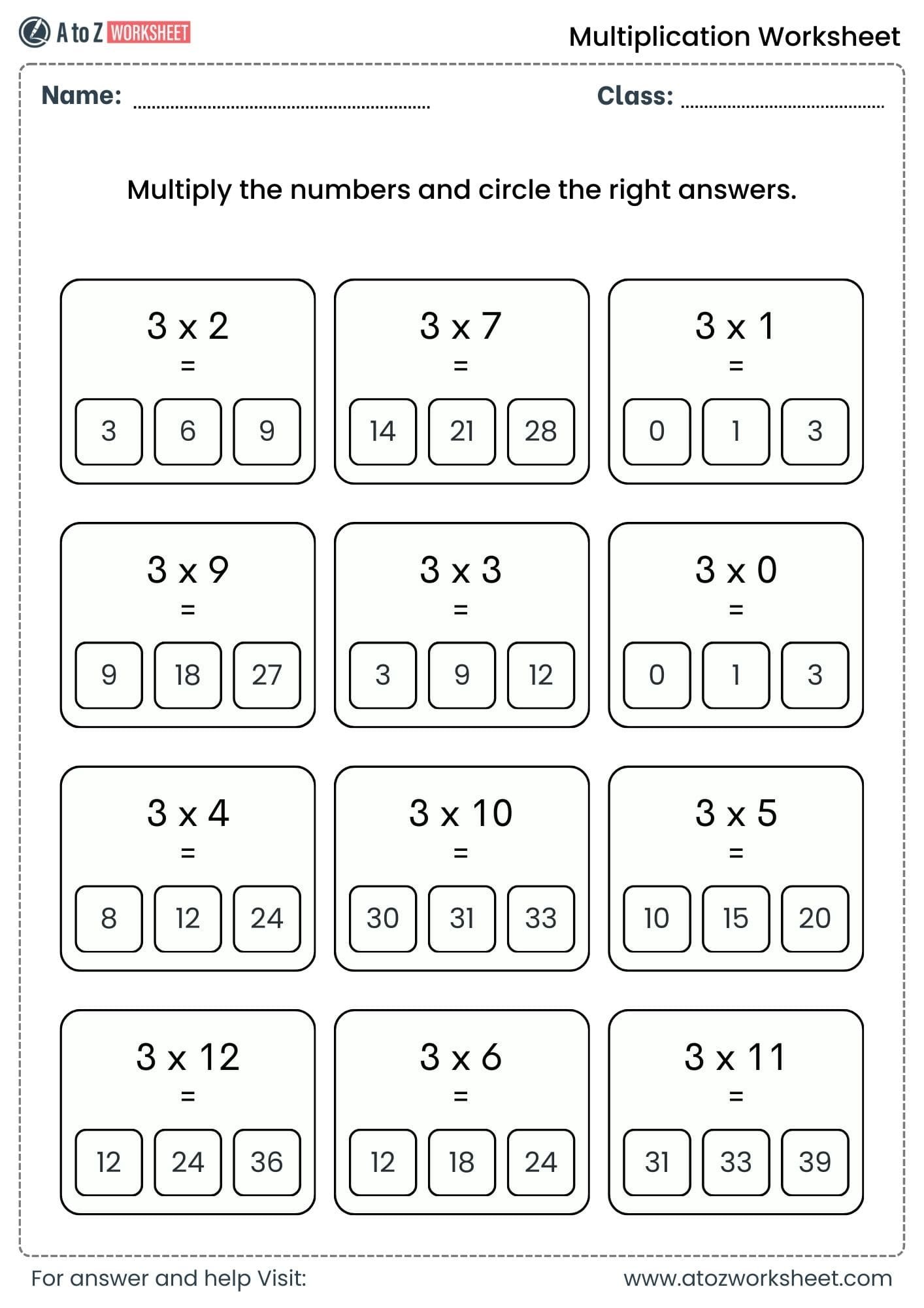 multiplication worksheets for class 1, class 2 and class 3