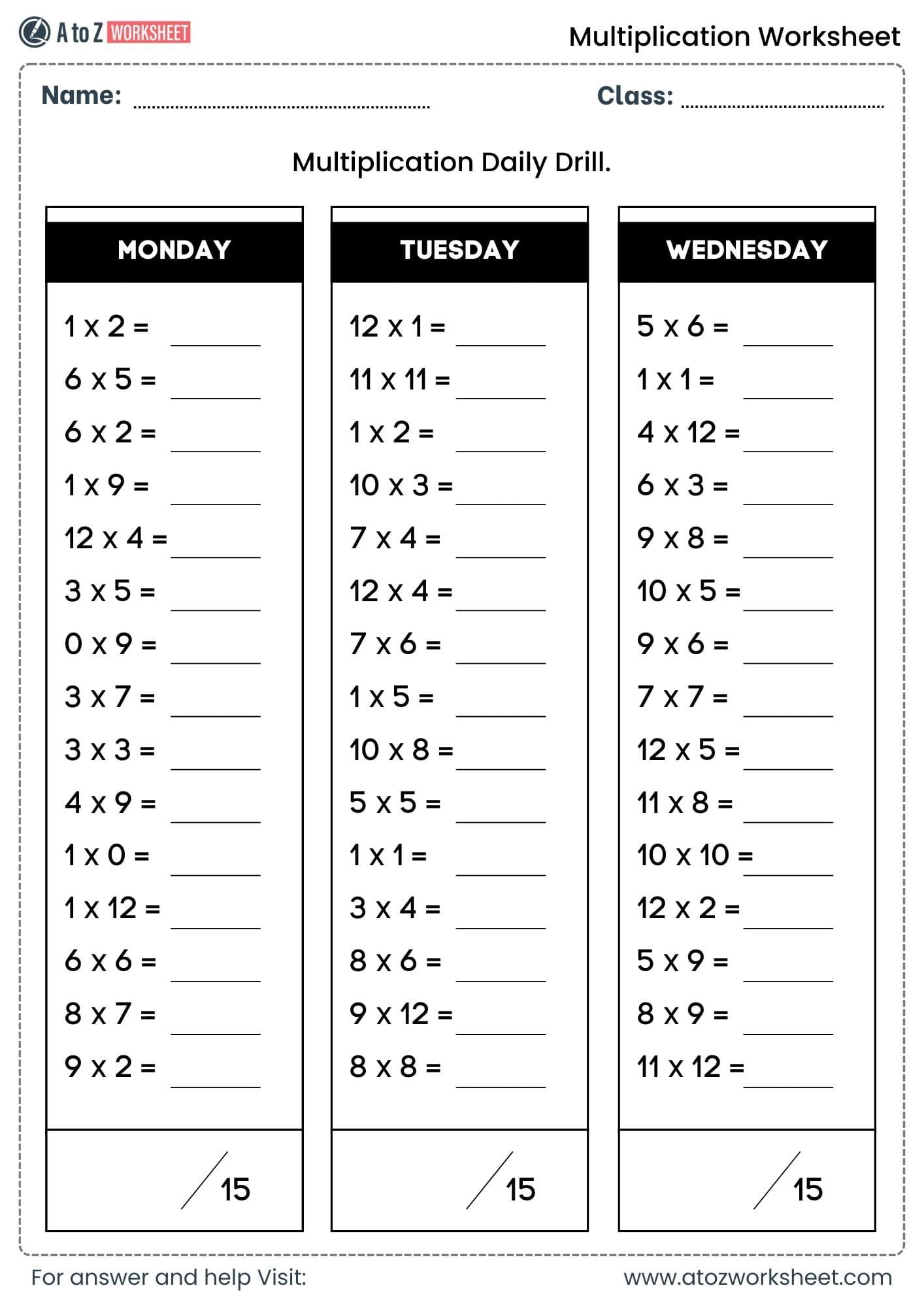 multiplication worksheets for class 1, class 2 and class 3