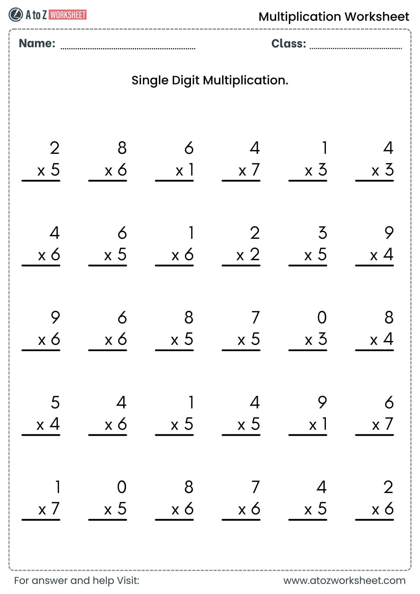 multiplication worksheets for class 1, class 2 and class 3