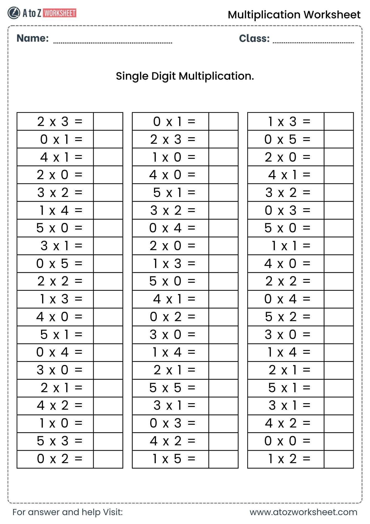 multiplication worksheets for class 1, class 2 and class 3