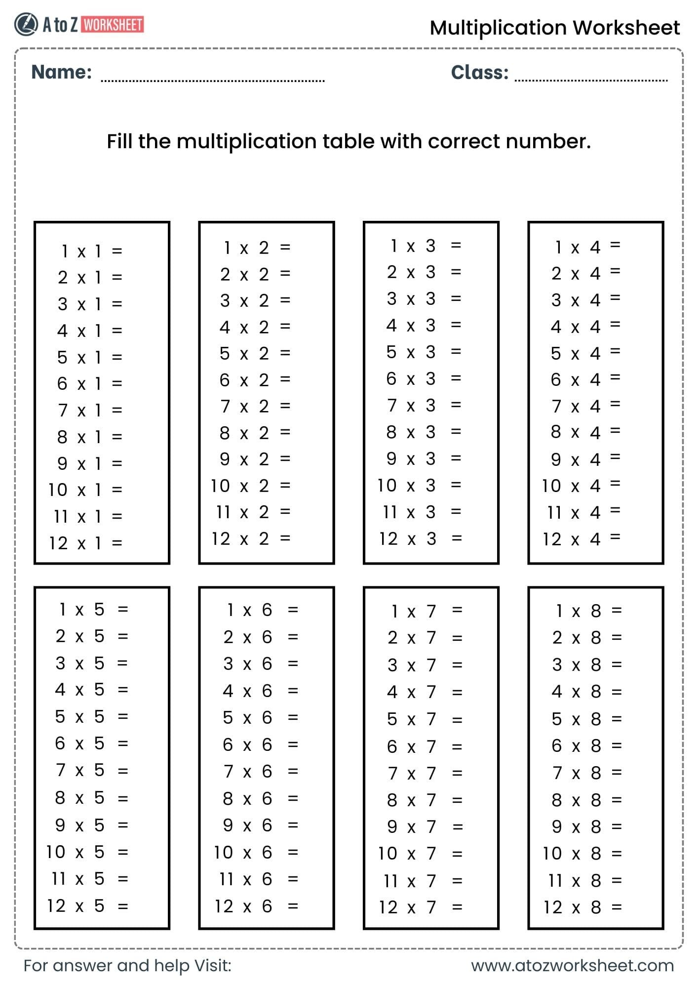 multiplication worksheets for class 1, class 2 and class 3