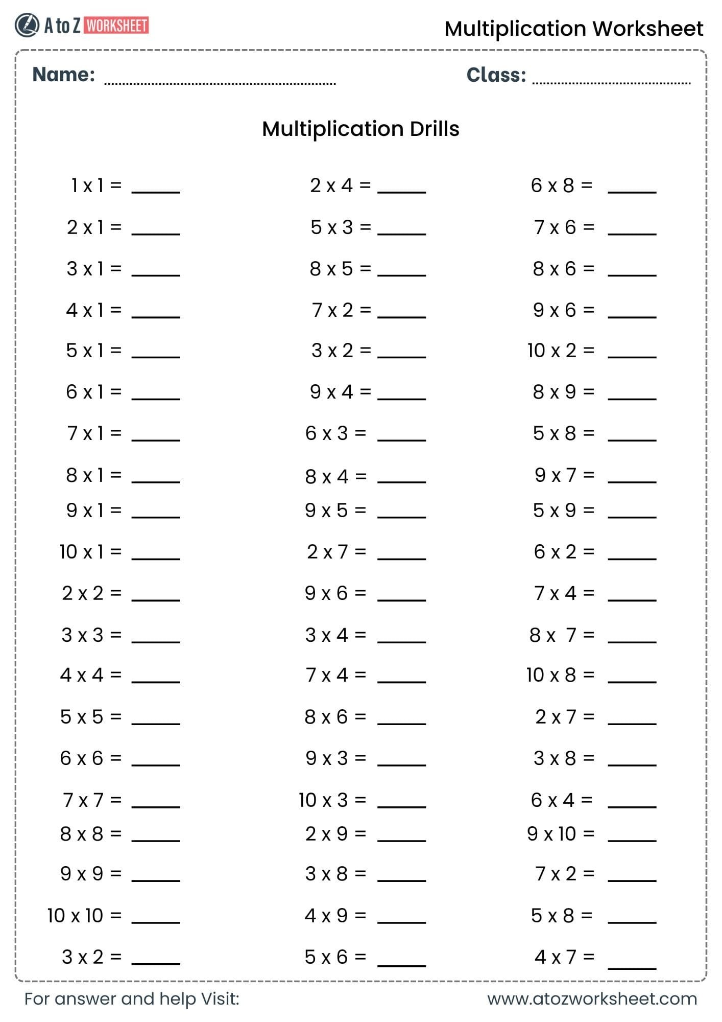 multiplication worksheets for class 1, class 2 and class 3