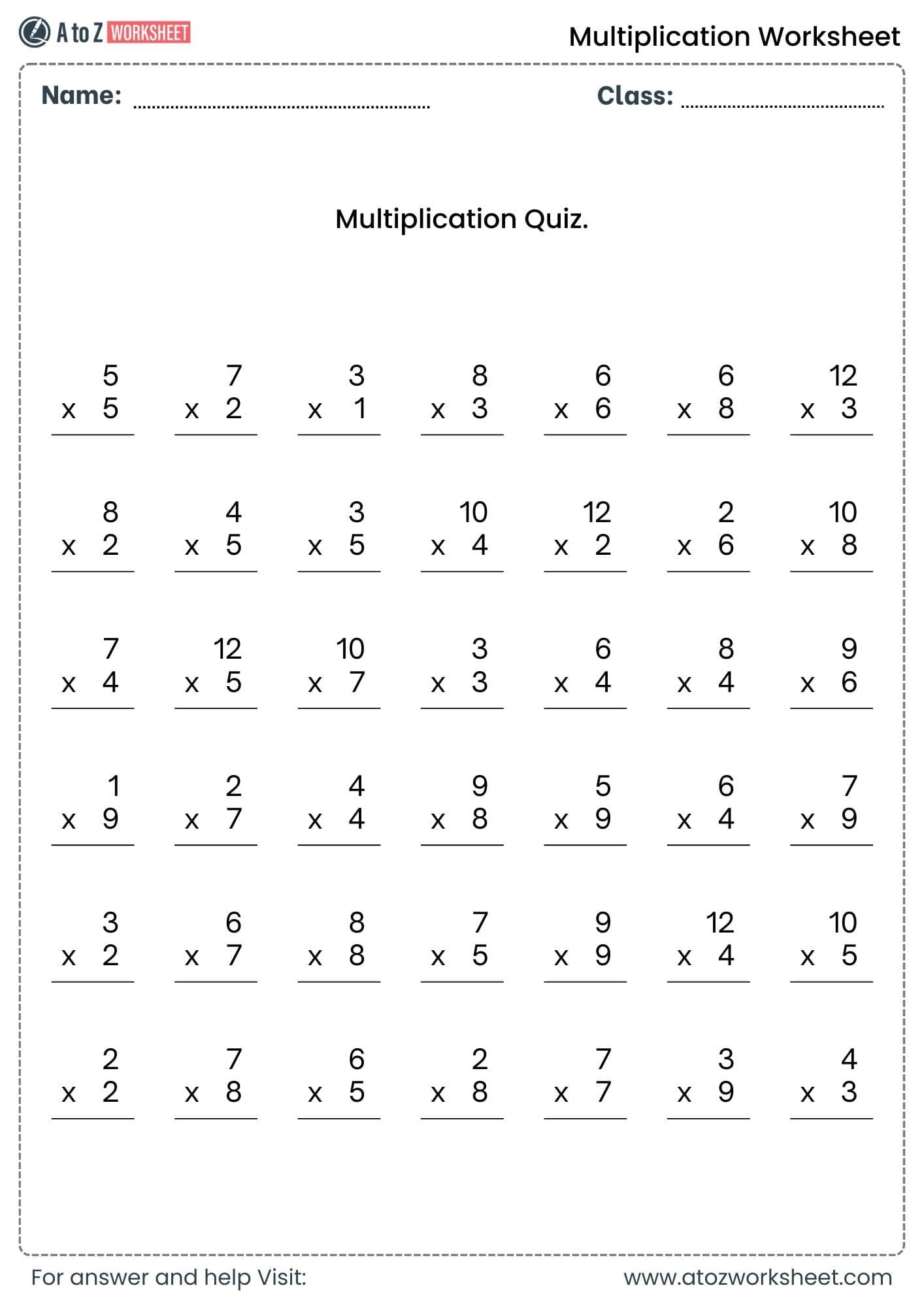 multiplication worksheets for class 1, class 2 and class 3