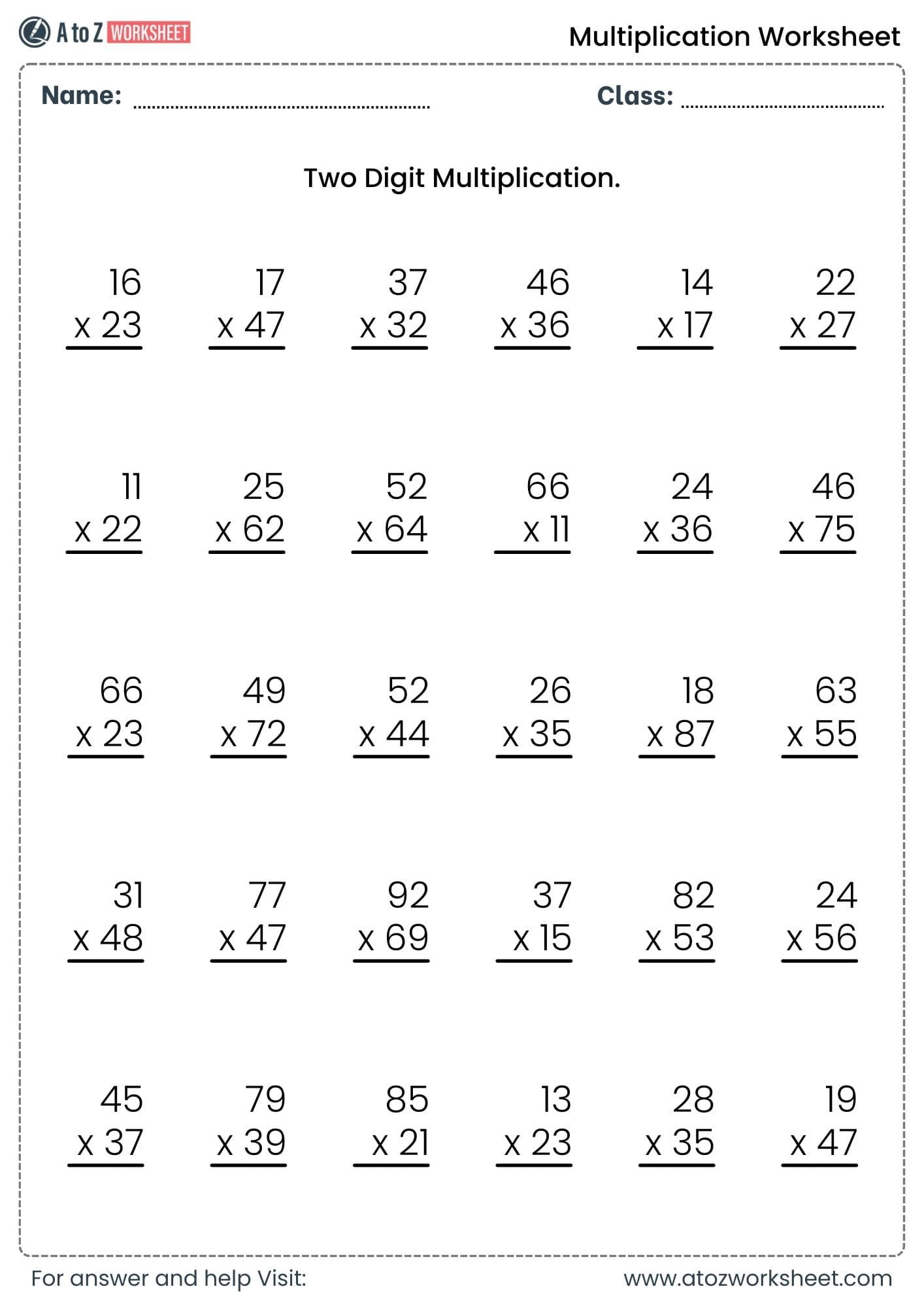 multiplication worksheets for class 1, class 2 and class 3