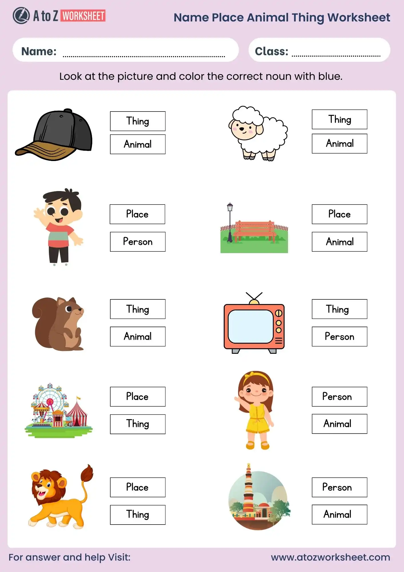 name place animal thing worksheet for class 1