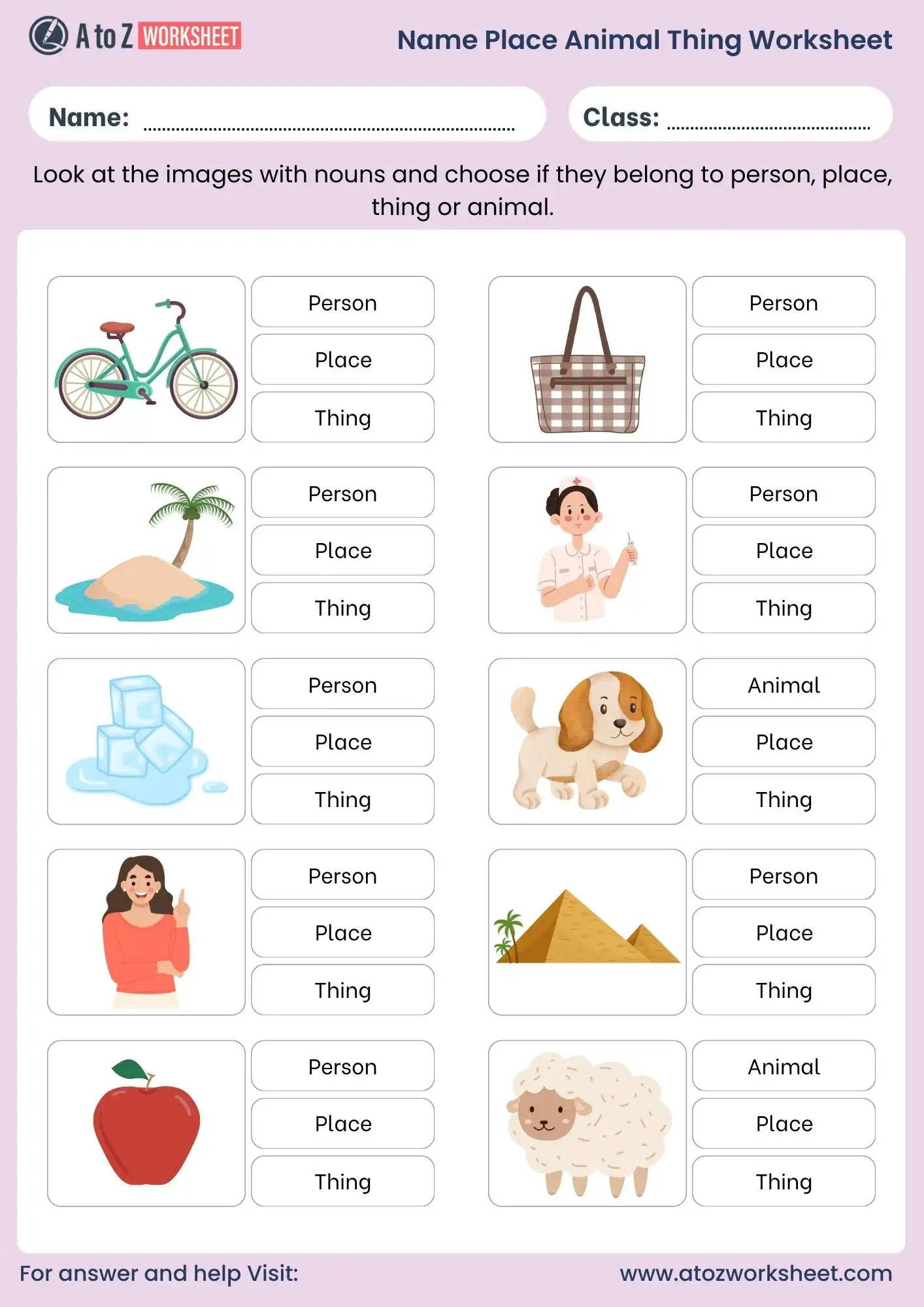 name place animal thing worksheet for class 2