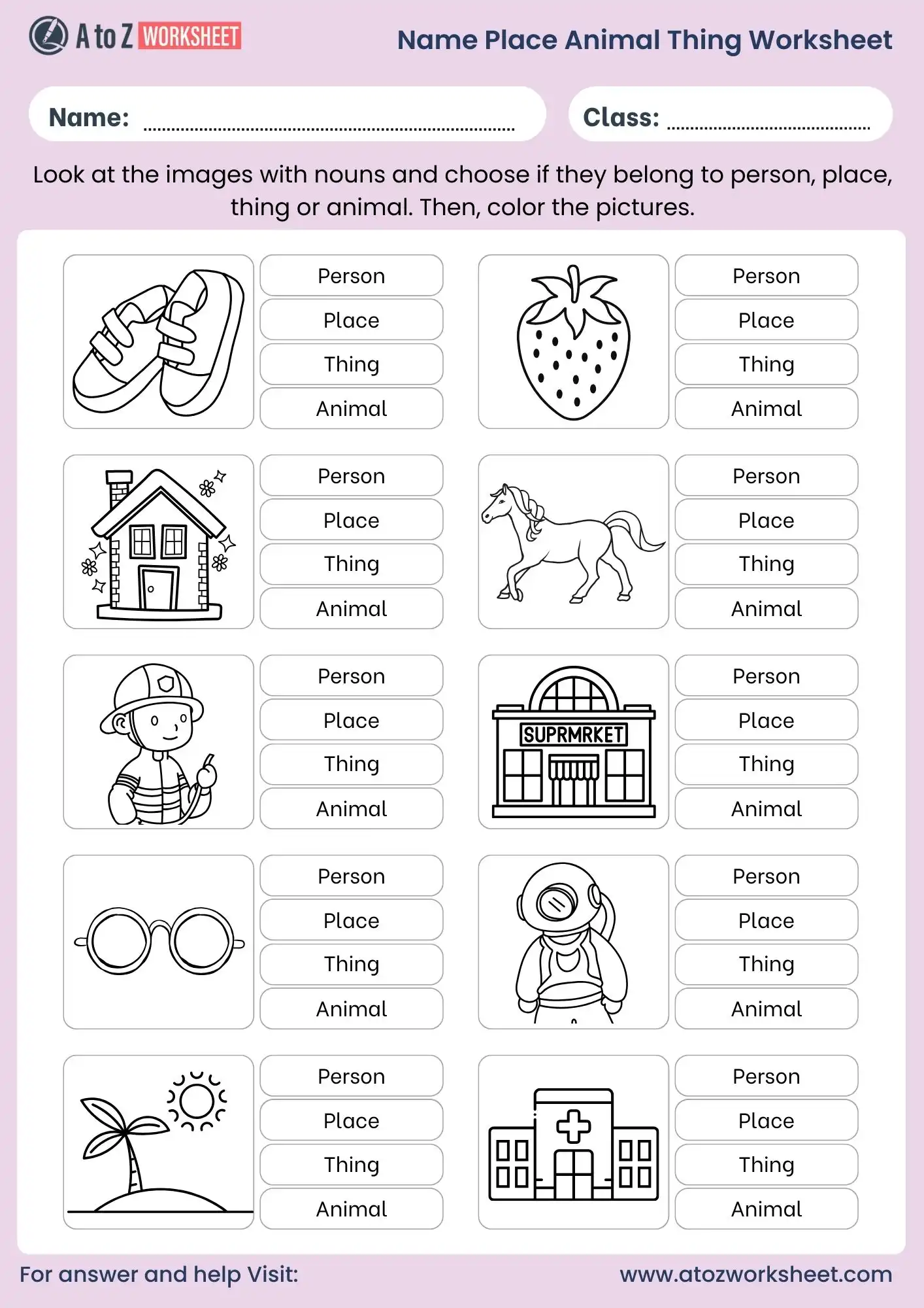 name place animal thing worksheet with coloring activity