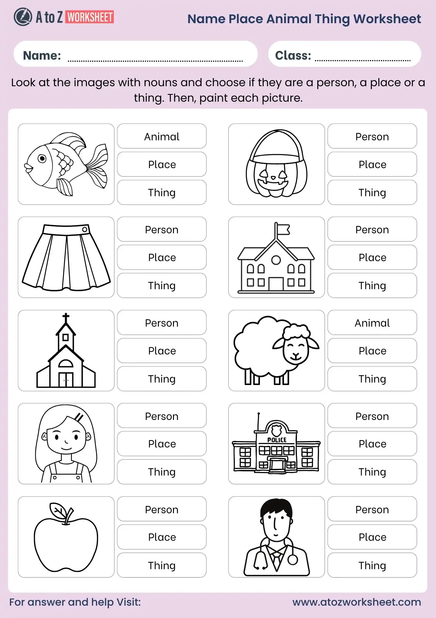 name place animal thing worksheet for class 3