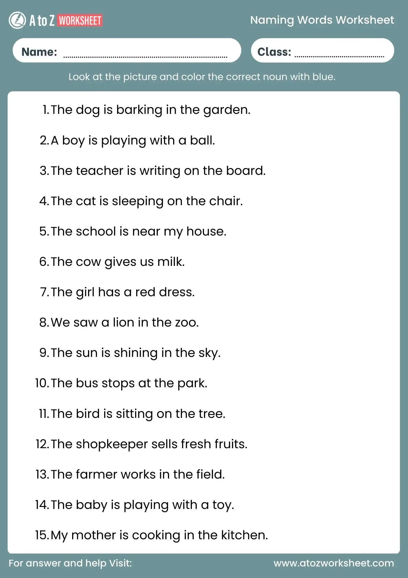 naming words worksheet for class 1 english grammar practice