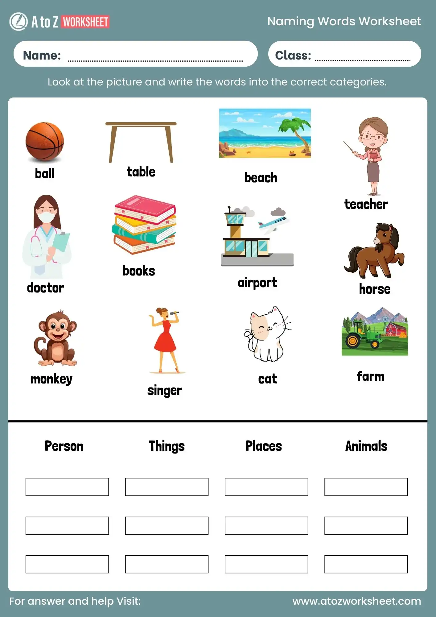 naming words worksheet for class 1 with answers and free pdf