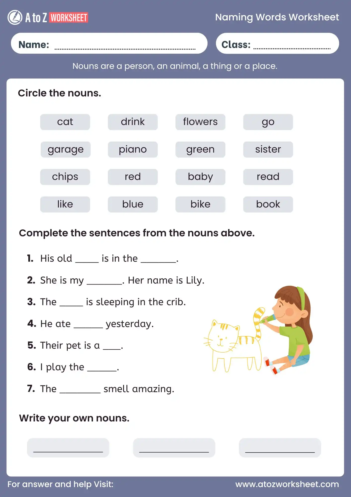 naming words worksheet for class 2 with answers