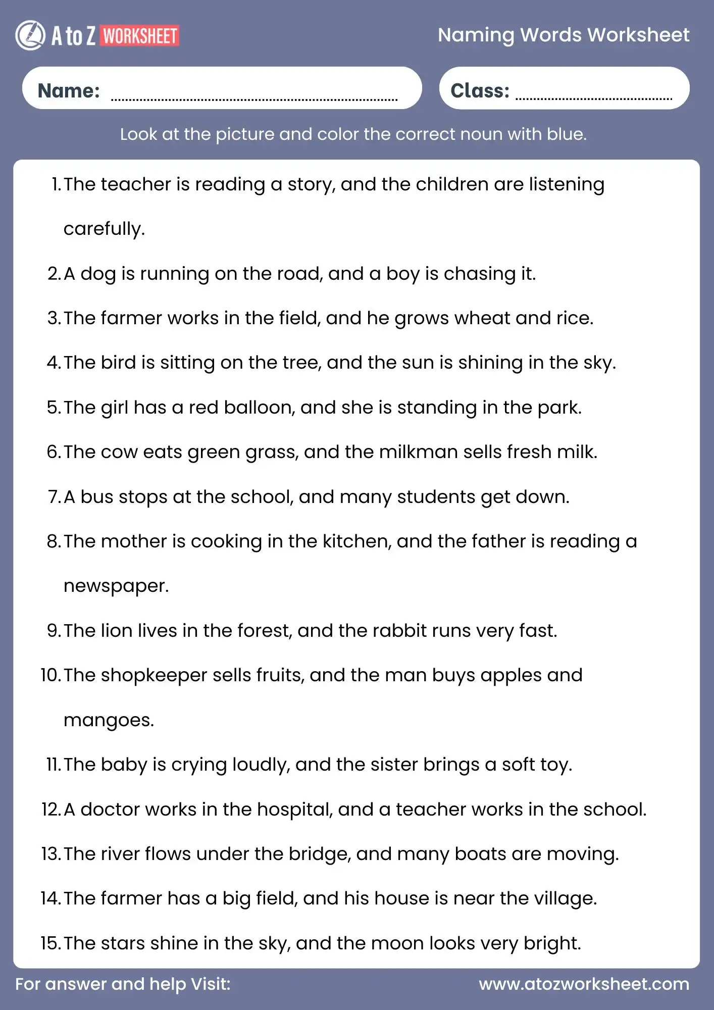 naming words worksheet for class 2 with pdf answers