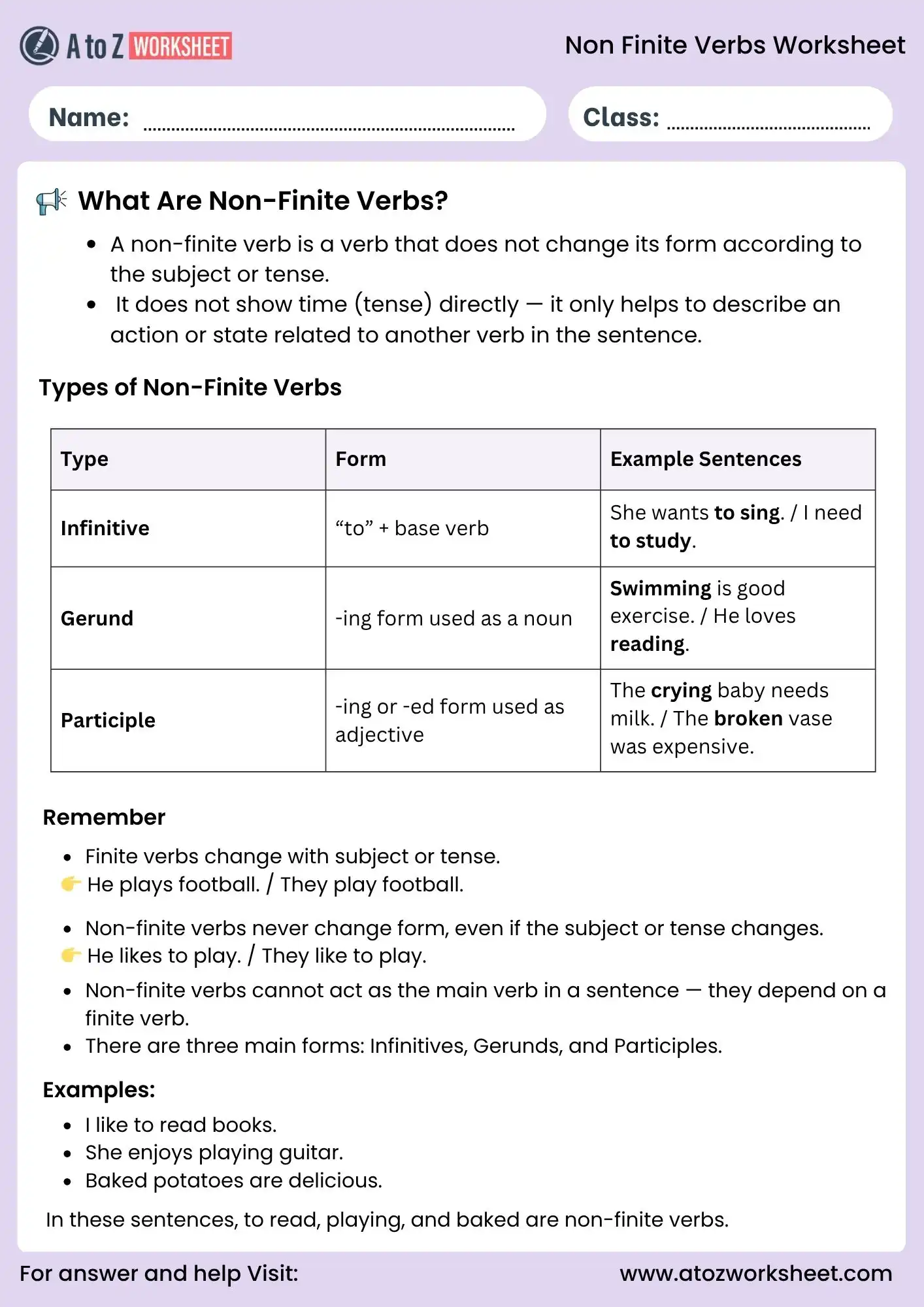 non finite verbs worksheets chart for grade 5 and grade 6