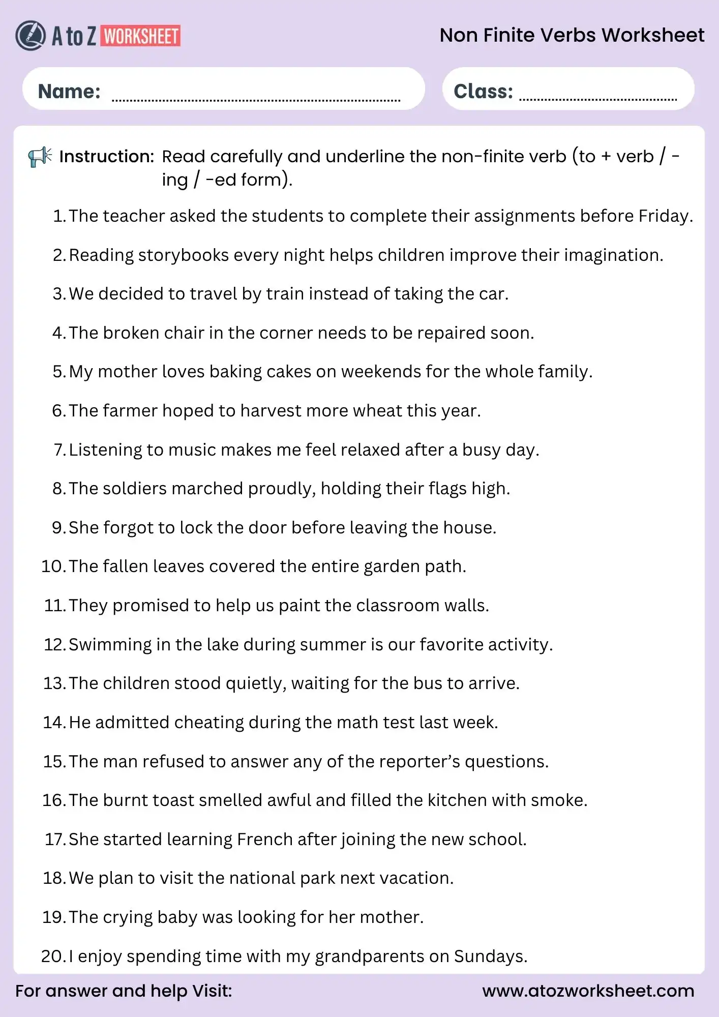 non finite verbs worksheets underline correct verb grammar activity