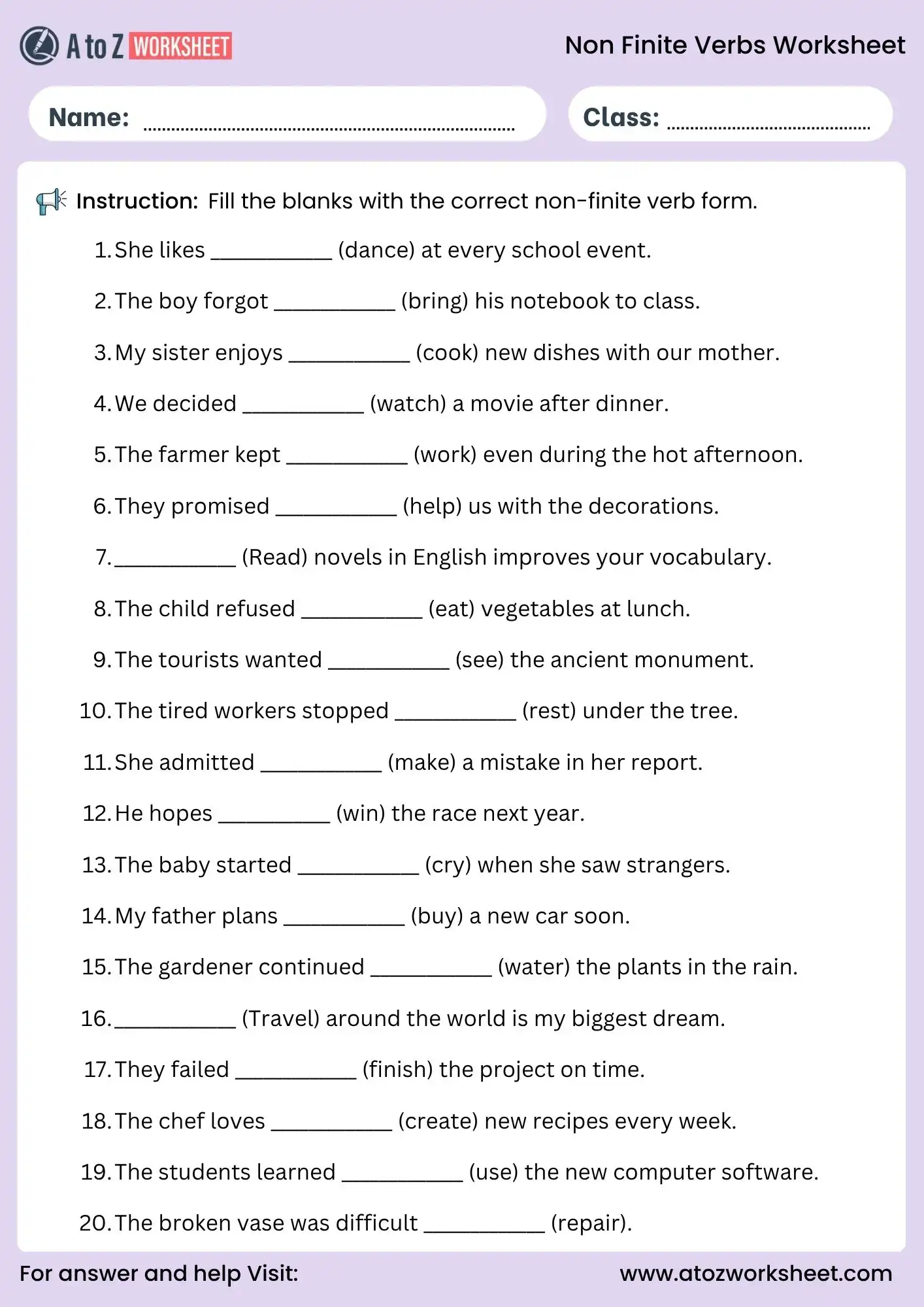non finite verbs worksheets fill in blanks grammar exercise