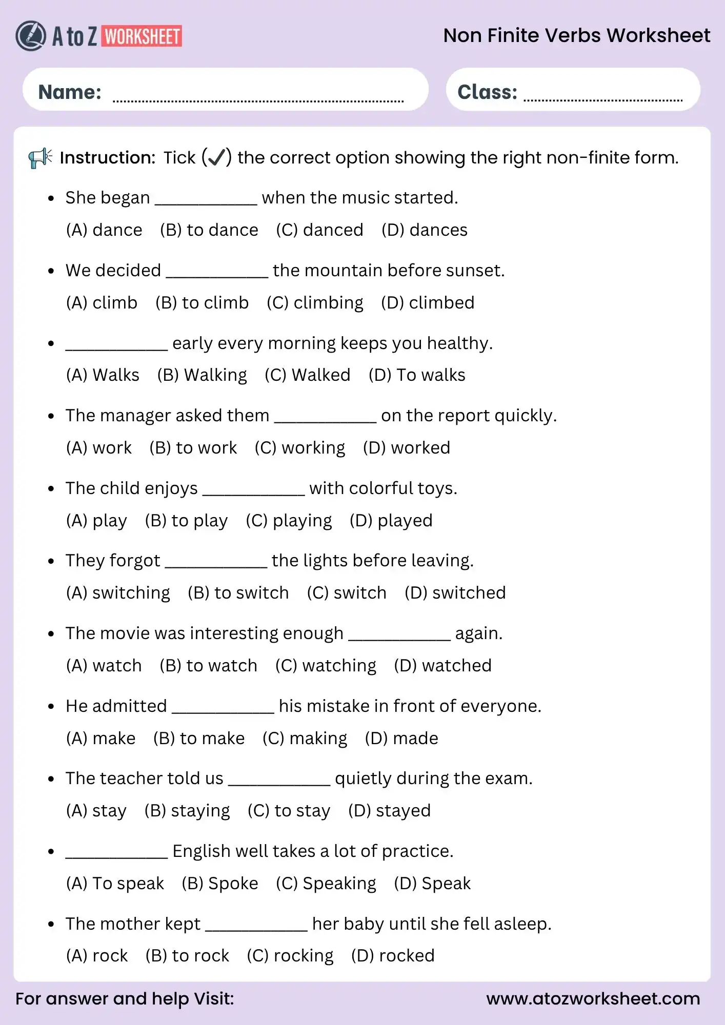 non finite verbs worksheets multiple choice grammar quiz