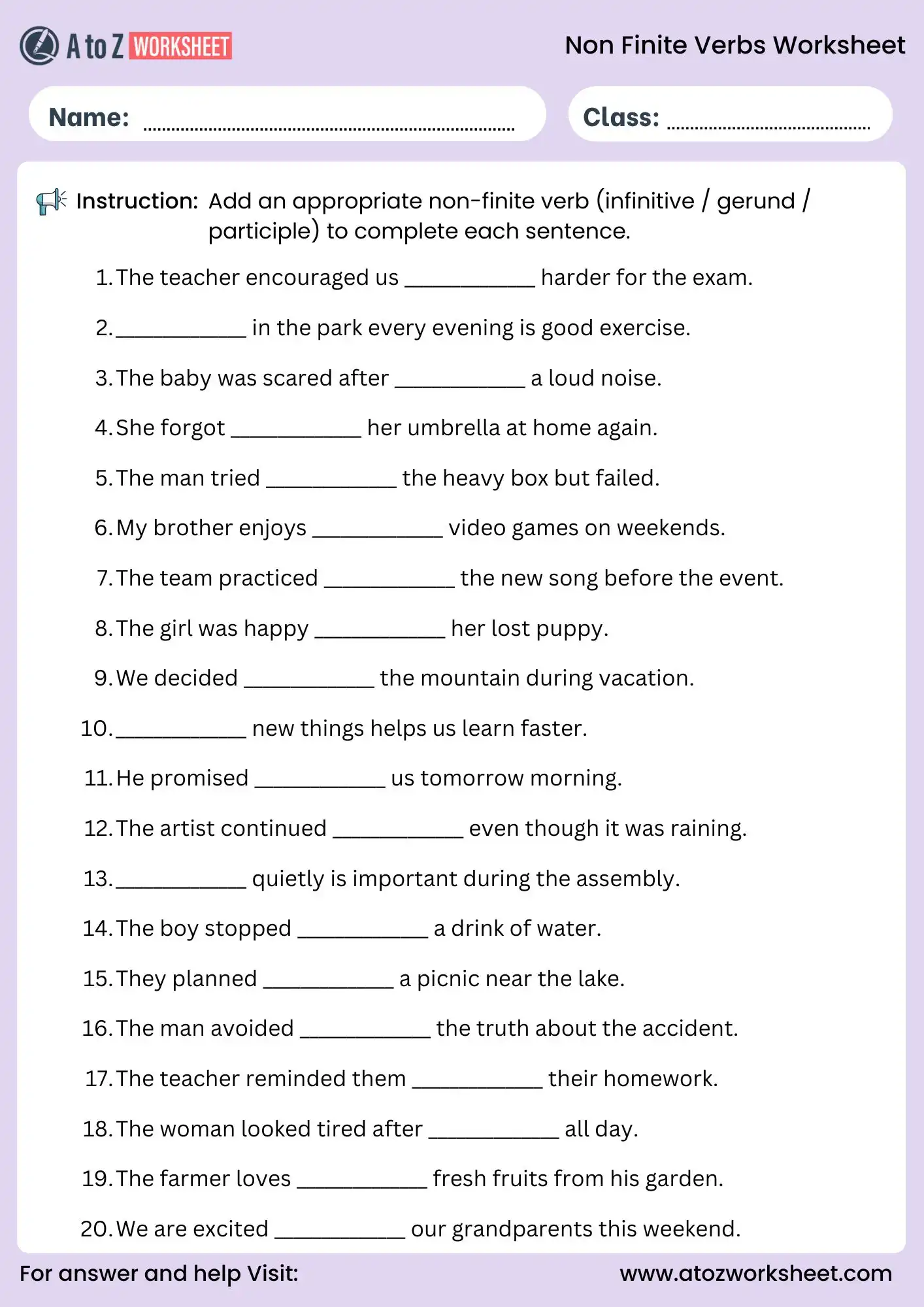 non finite verbs worksheets add appropriate verb activity