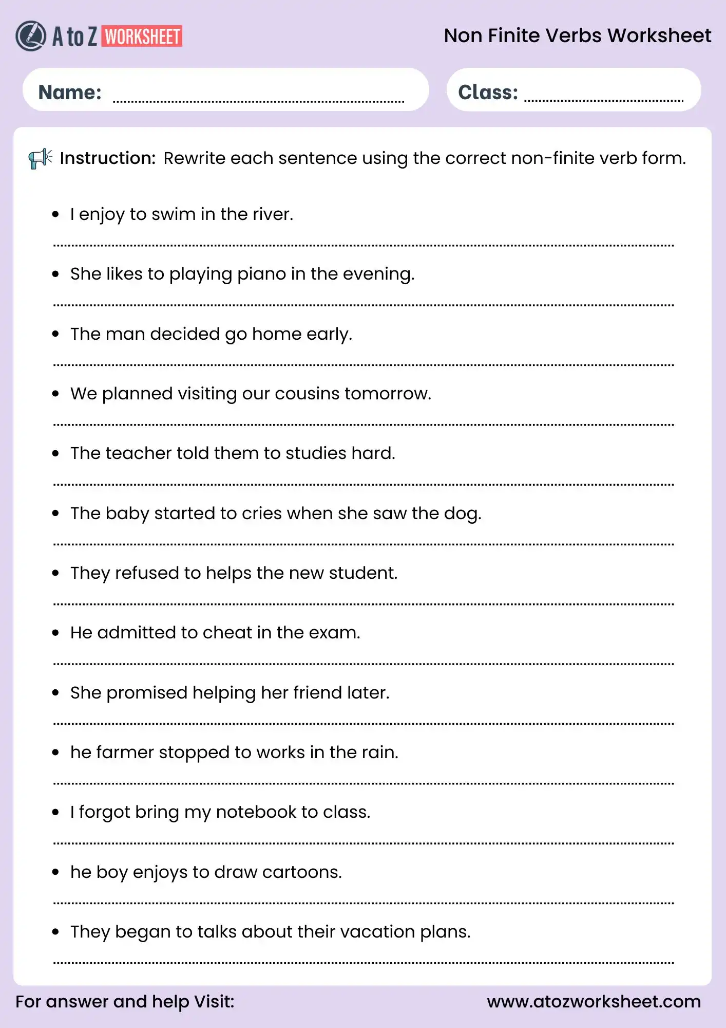 non finite verbs worksheets rewrite sentences correct verb form