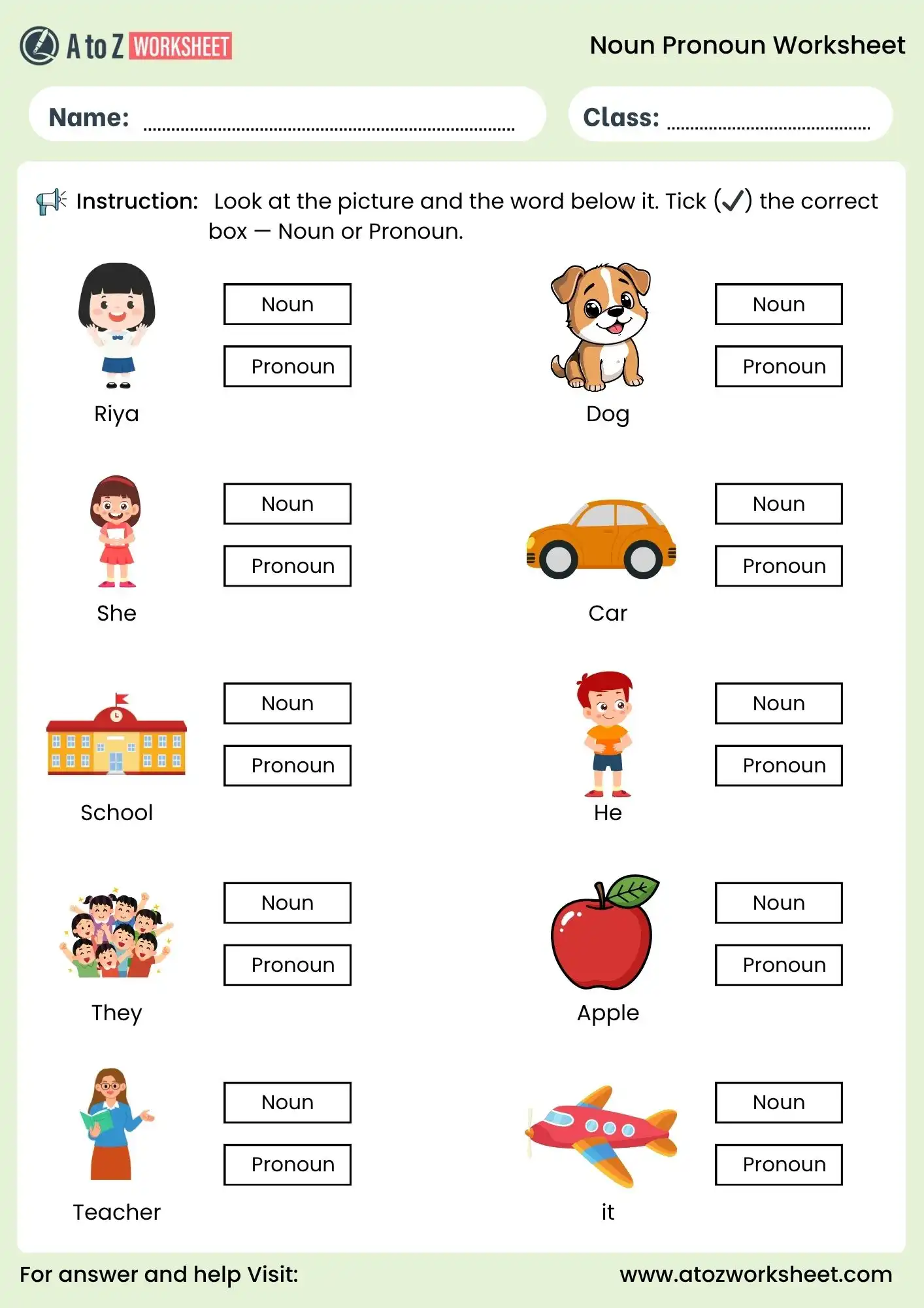 noun pronoun worksheets picture activity for grade 1