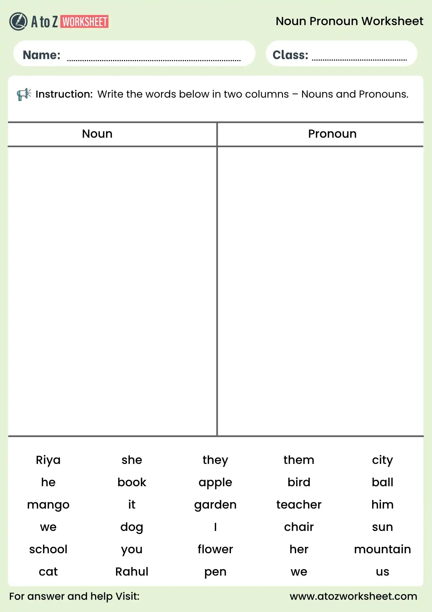 noun pronoun worksheets sorting words exercise