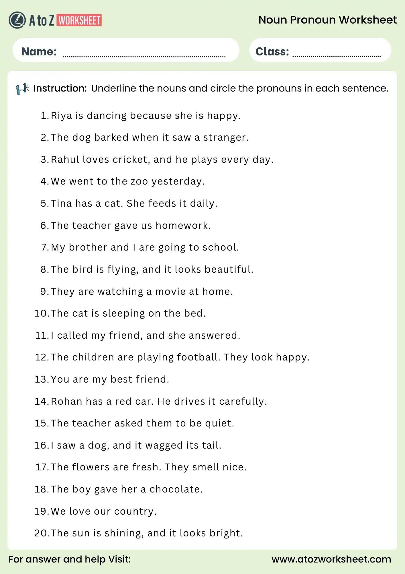 noun pronoun worksheets underline and circle activity