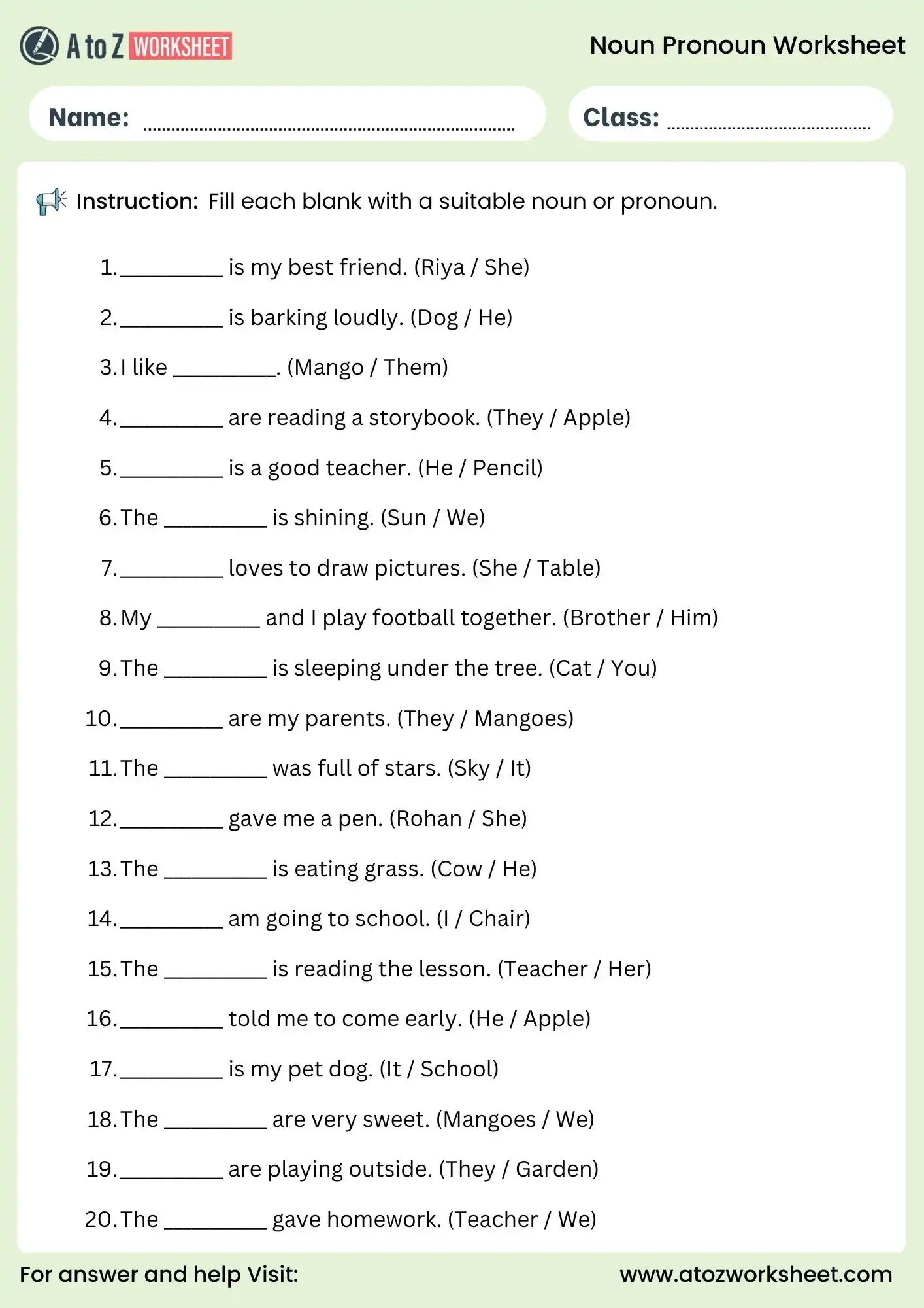 noun pronoun worksheets fill in the blanks exercise for class 2