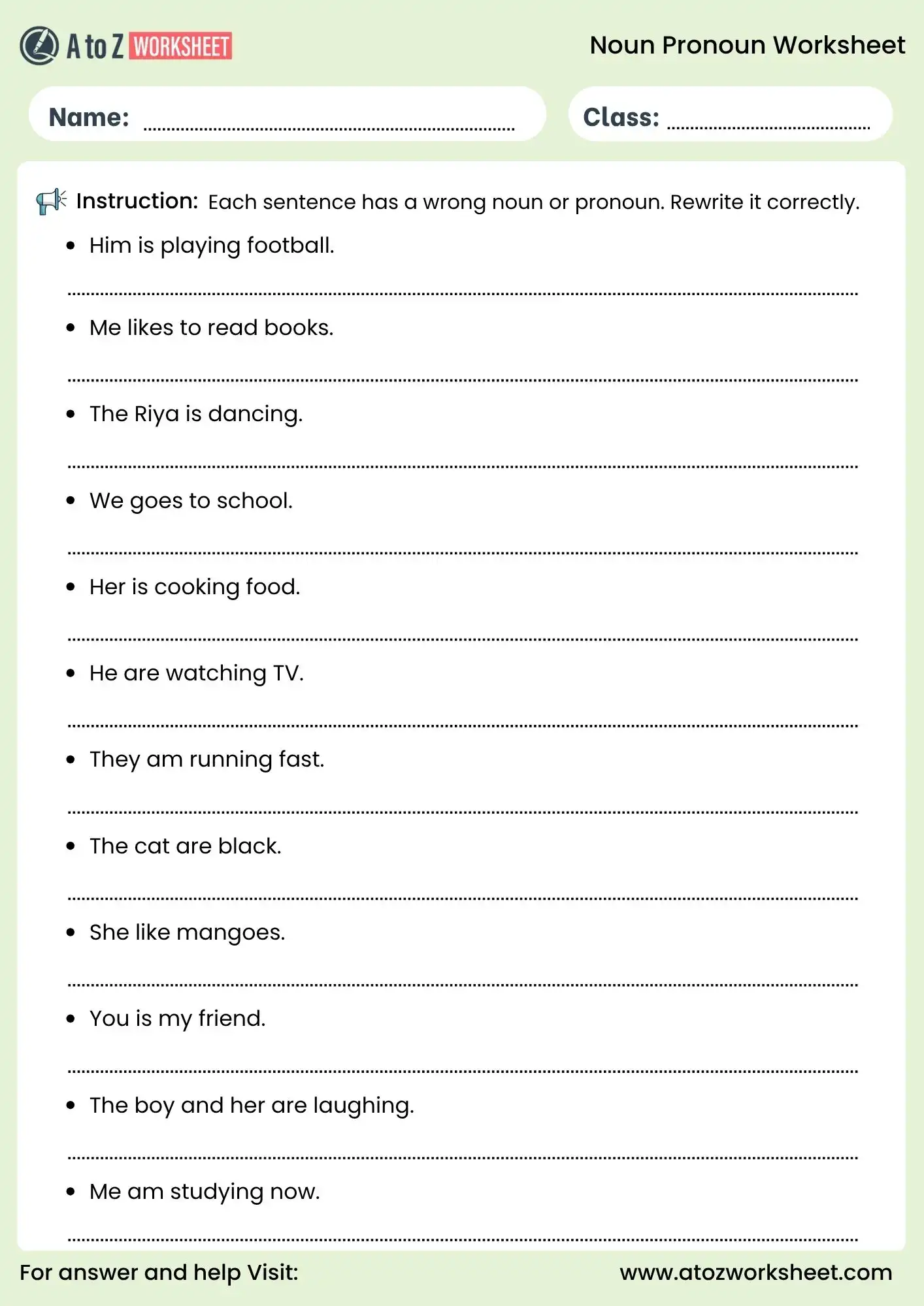 noun pronoun worksheets correct the sentence grammar activity