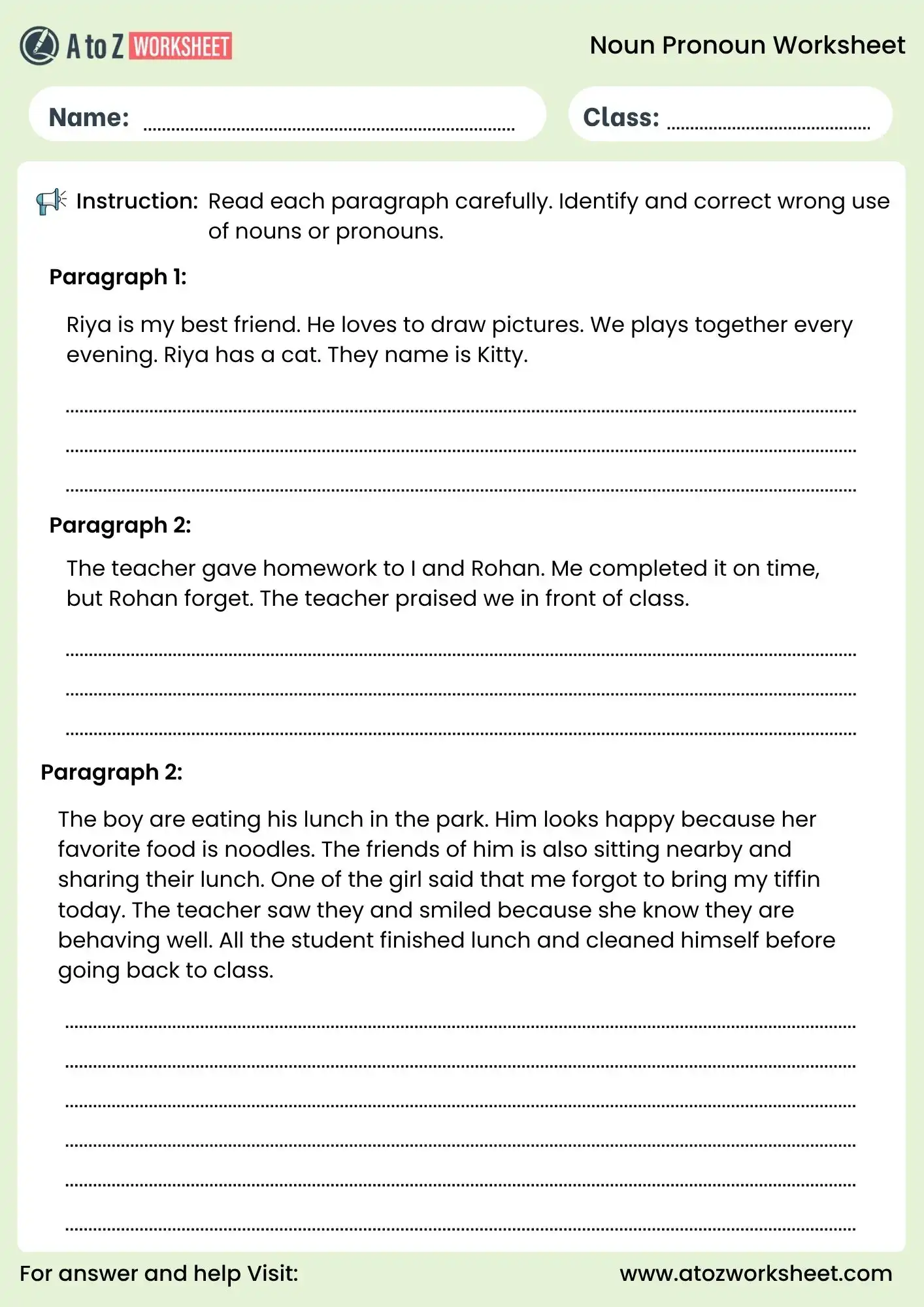 noun pronoun worksheets paragraph correction activity