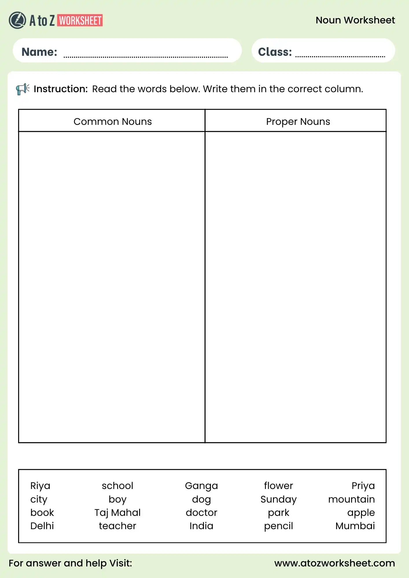 noun worksheet for class 2 and class 3 common and proper nouns