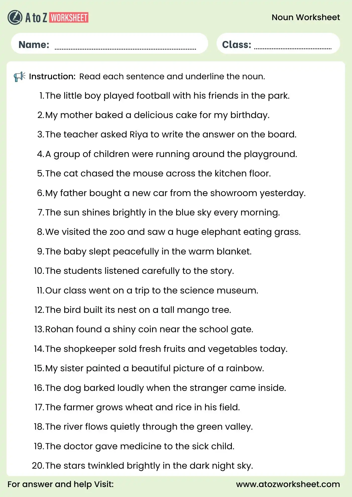 noun worksheet for class 2 and class 3 underline nouns sentences