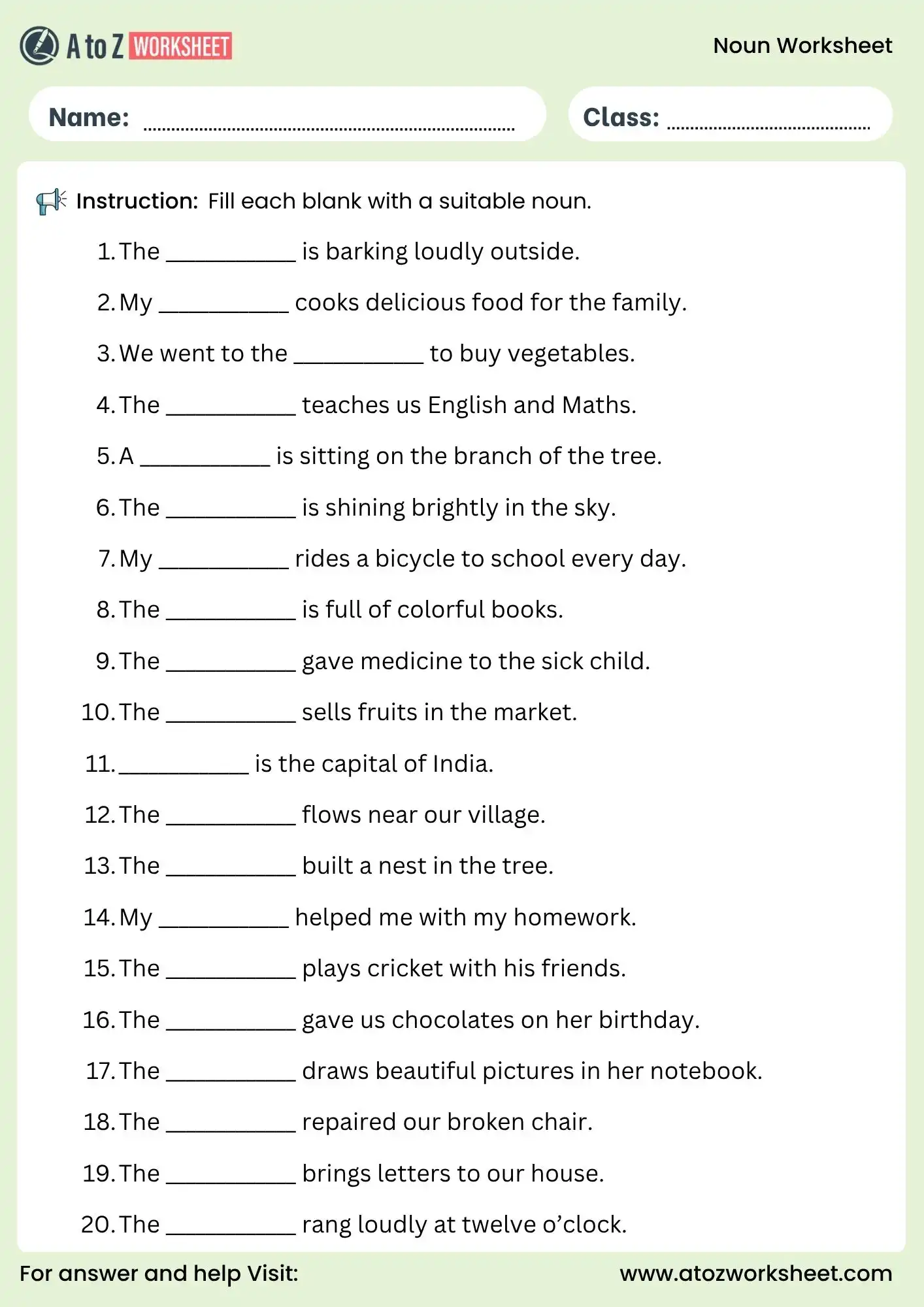 noun worksheet for class 2 and class 3 fill in the blanks activity