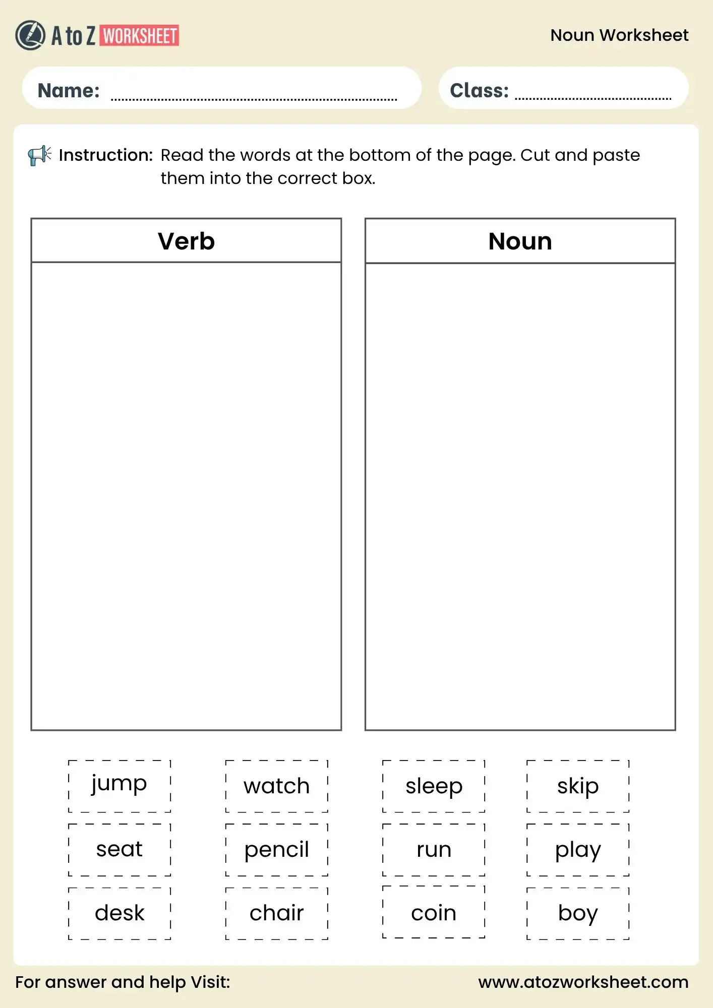 noun worksheets for class 4 class 5 and class 6 cut and paste activity