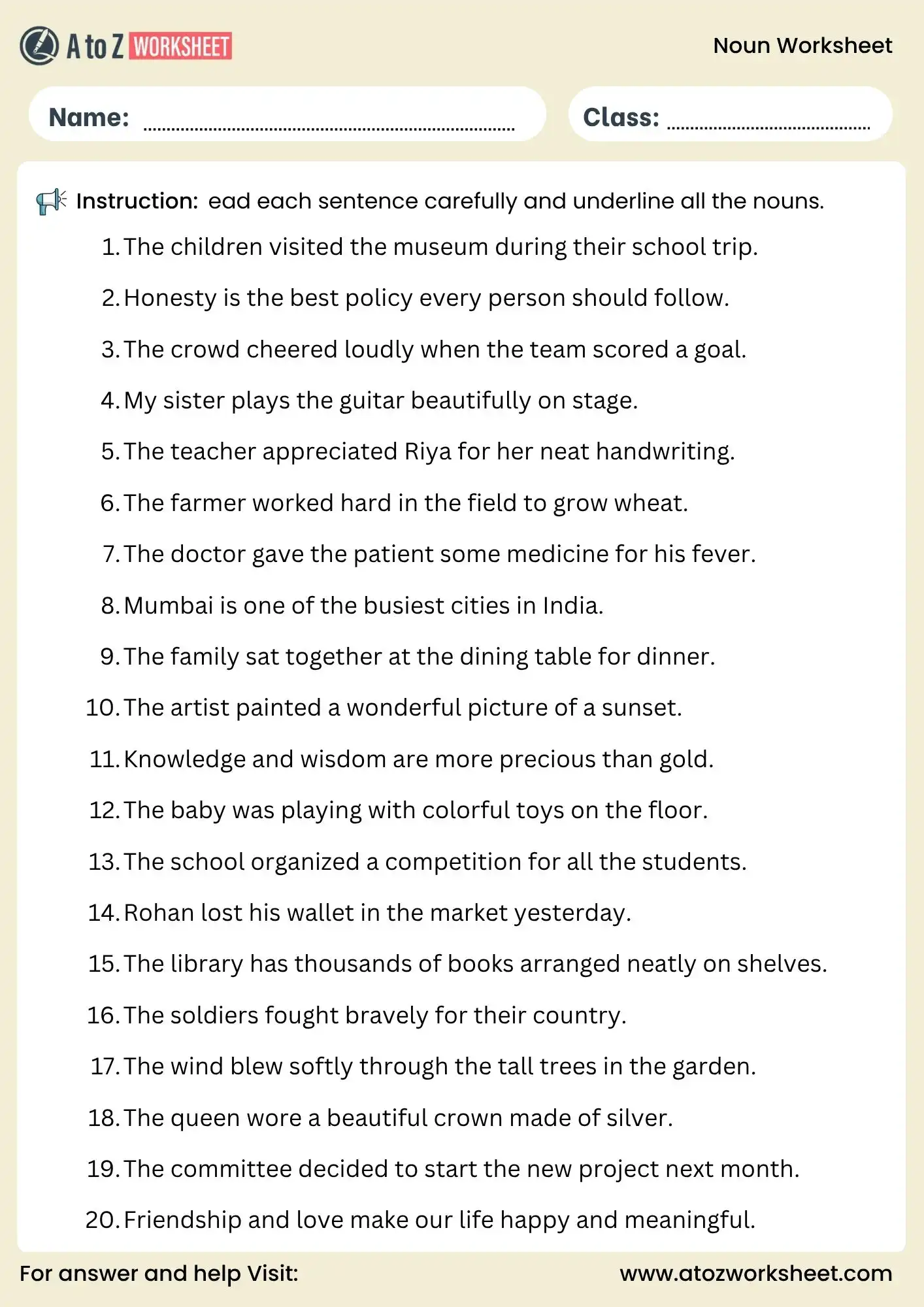 noun worksheets for class 4 class 5 and class 6 underline nouns sentences