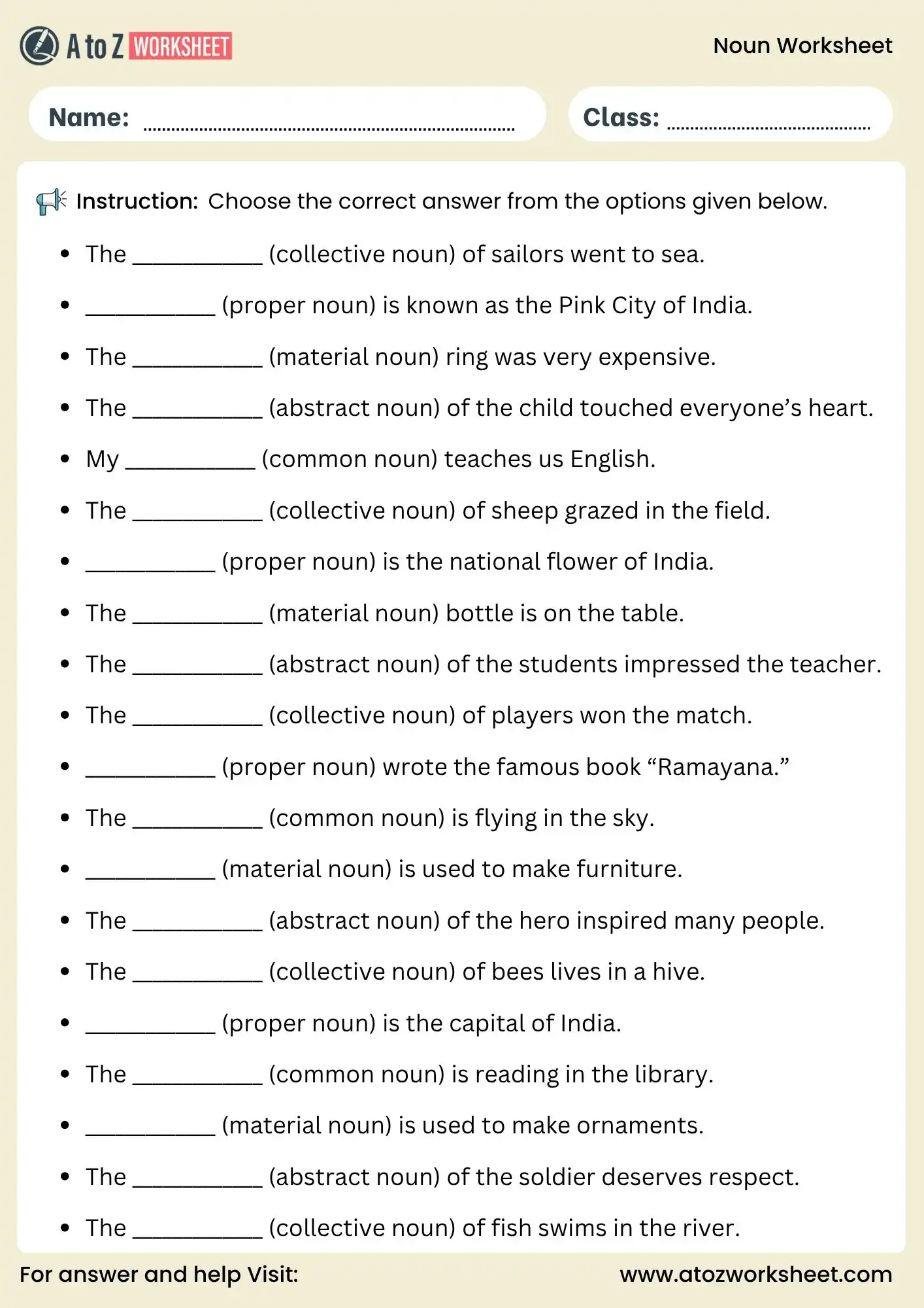 noun worksheets for class 4 class 5 and class 6 choose correct noun type