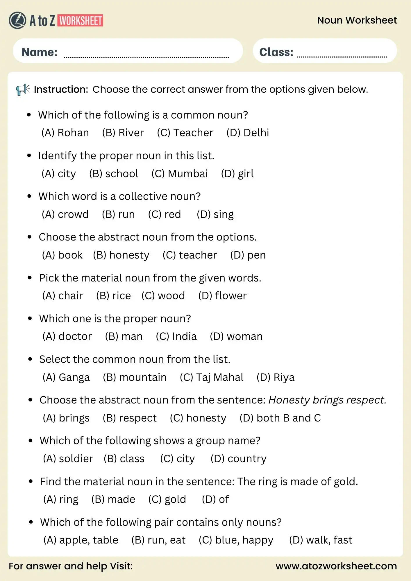 noun worksheets for class 4 class 5 and class 6 mcq grammar test