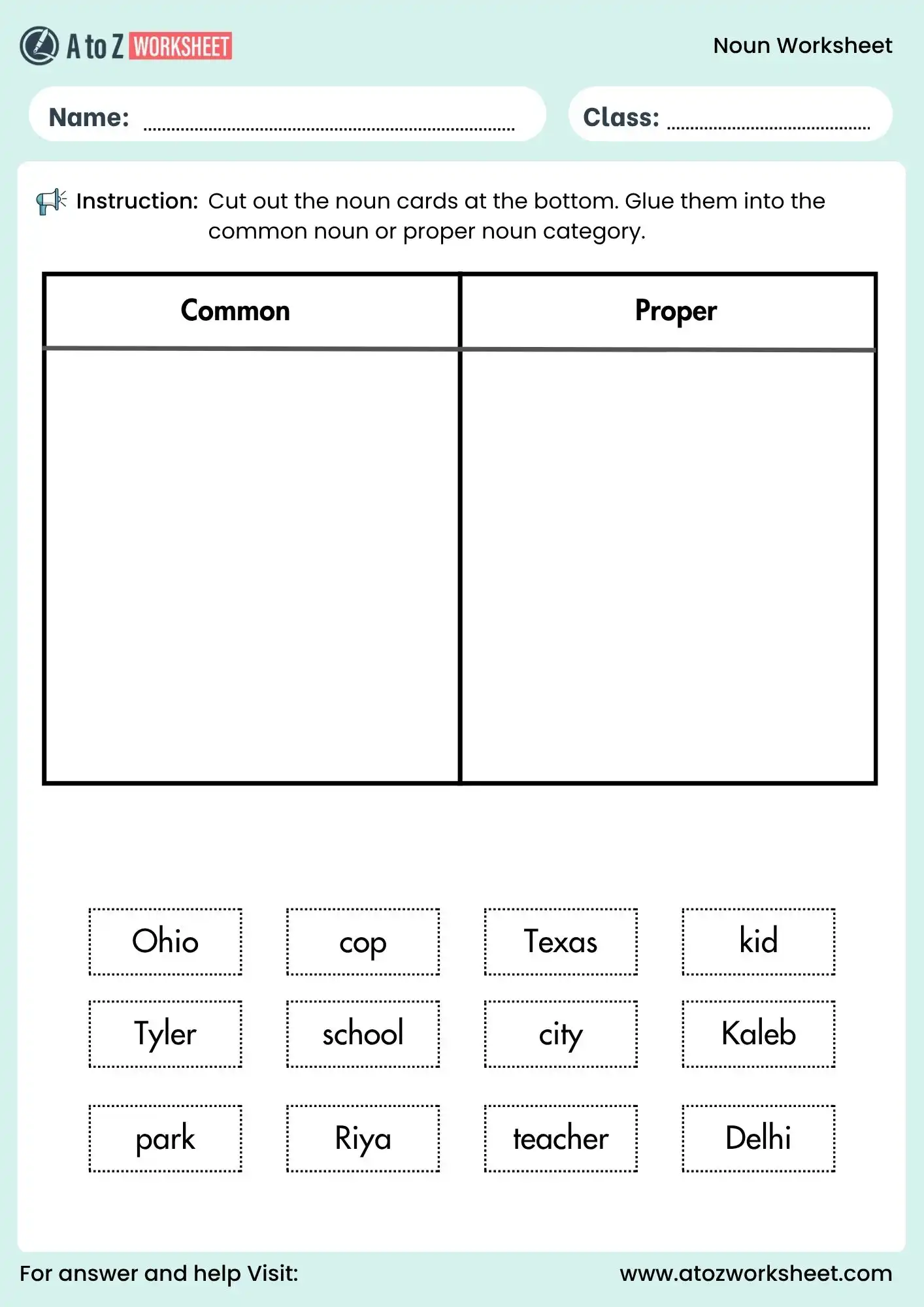 noun worksheets for grade 1 common and proper noun cut and paste