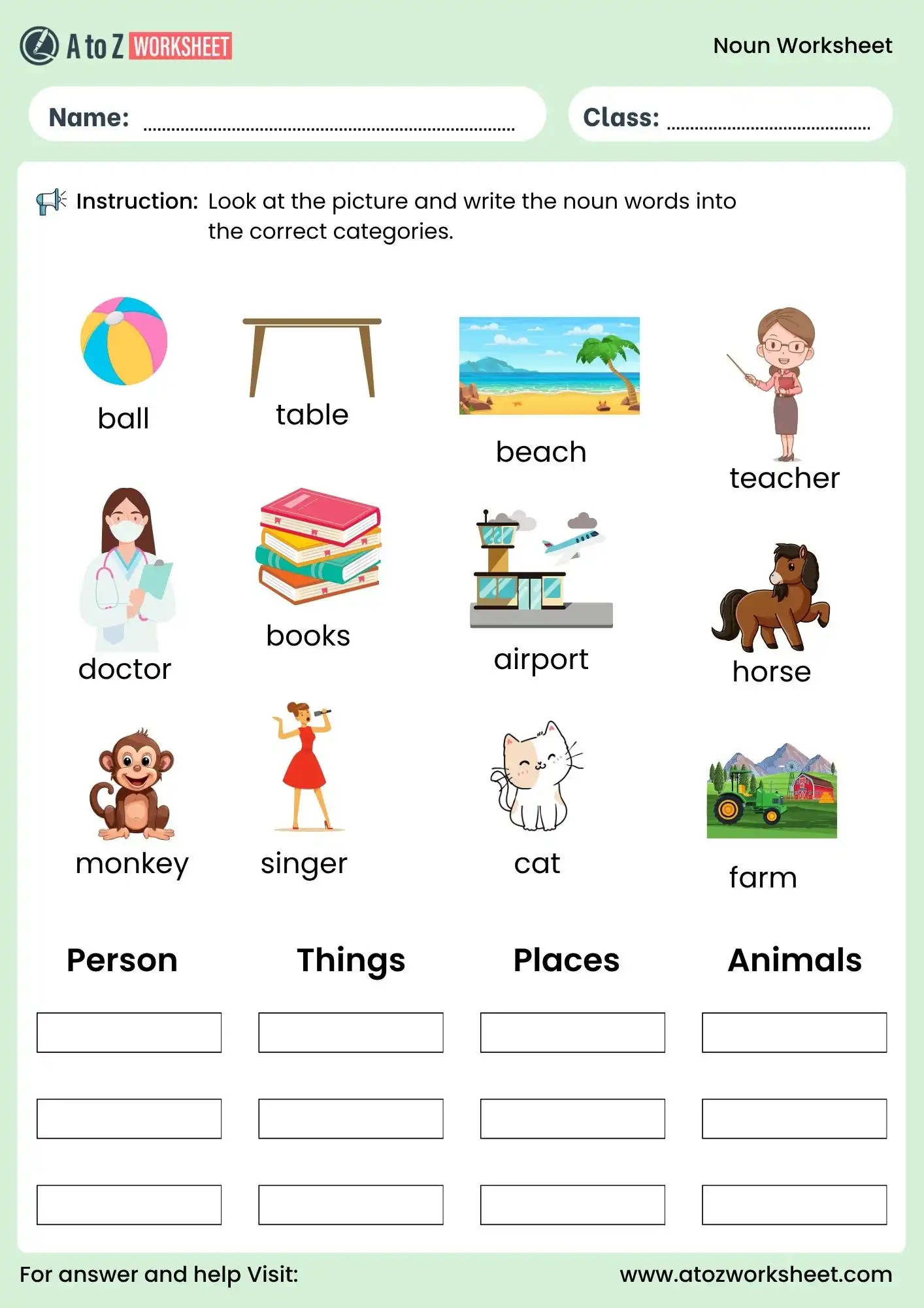 noun worksheets for class 2 to 4 sorting activity