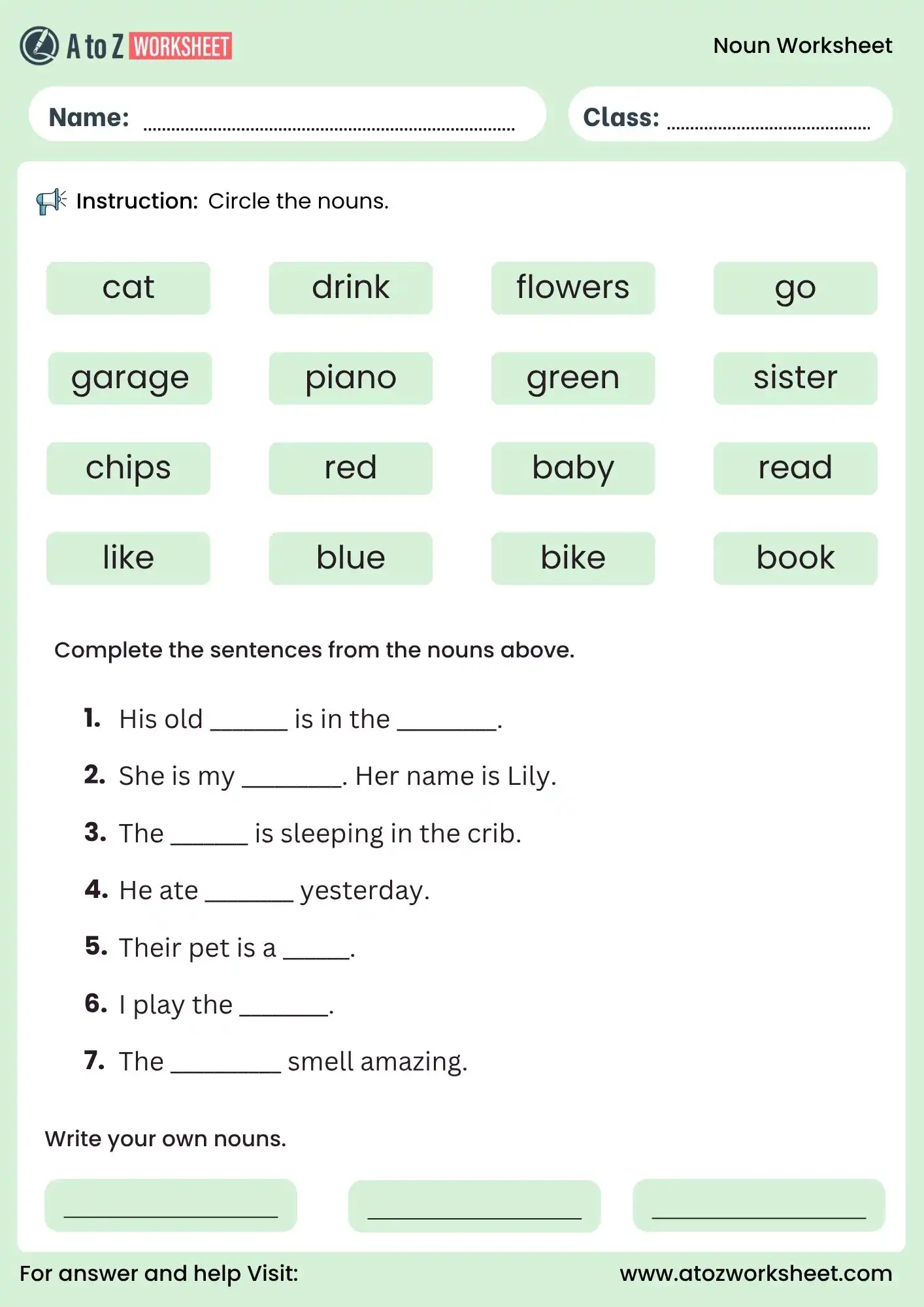 noun worksheets for class 3 grammar exercise