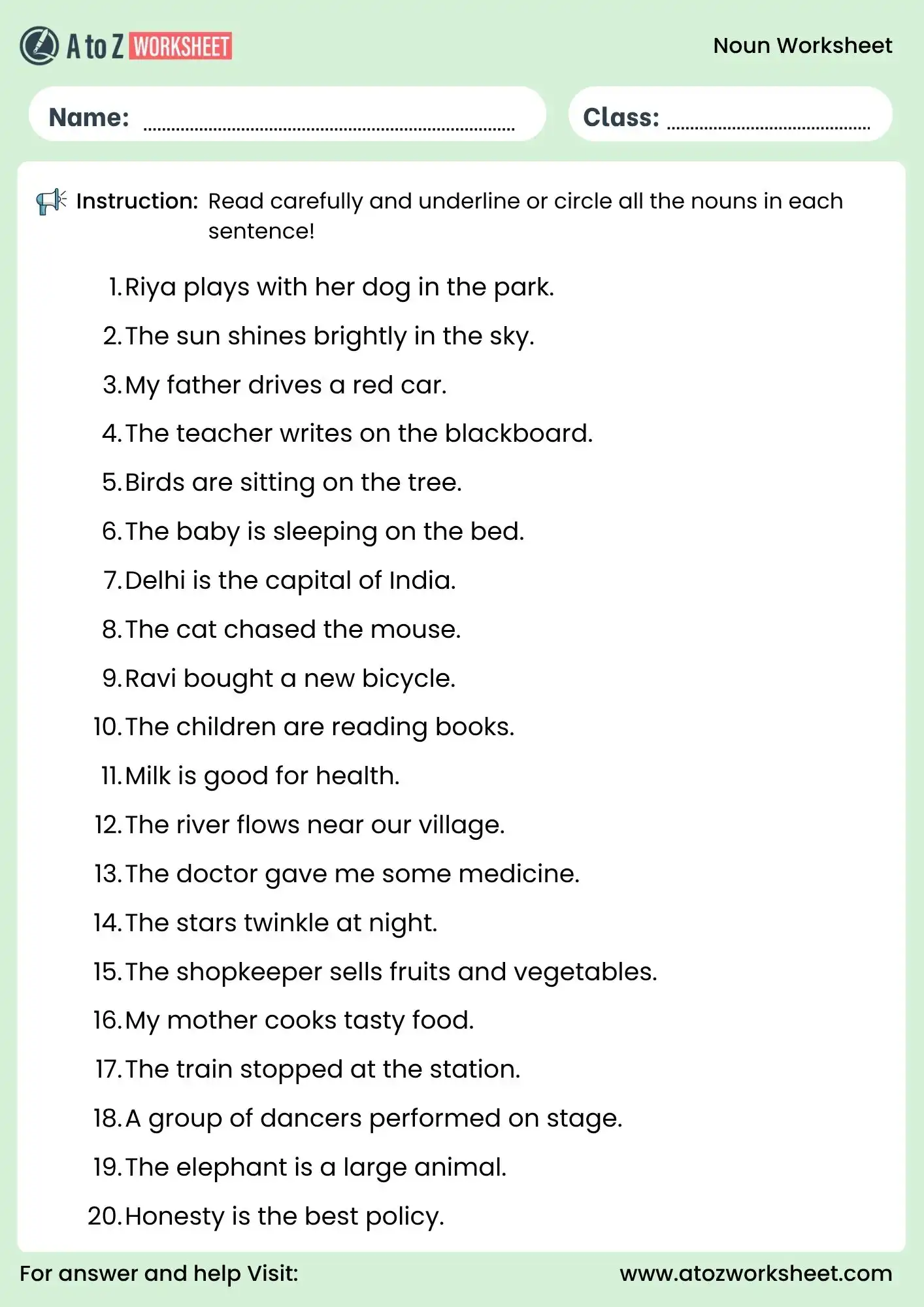 noun worksheets for class 4 identifying nouns in sentences