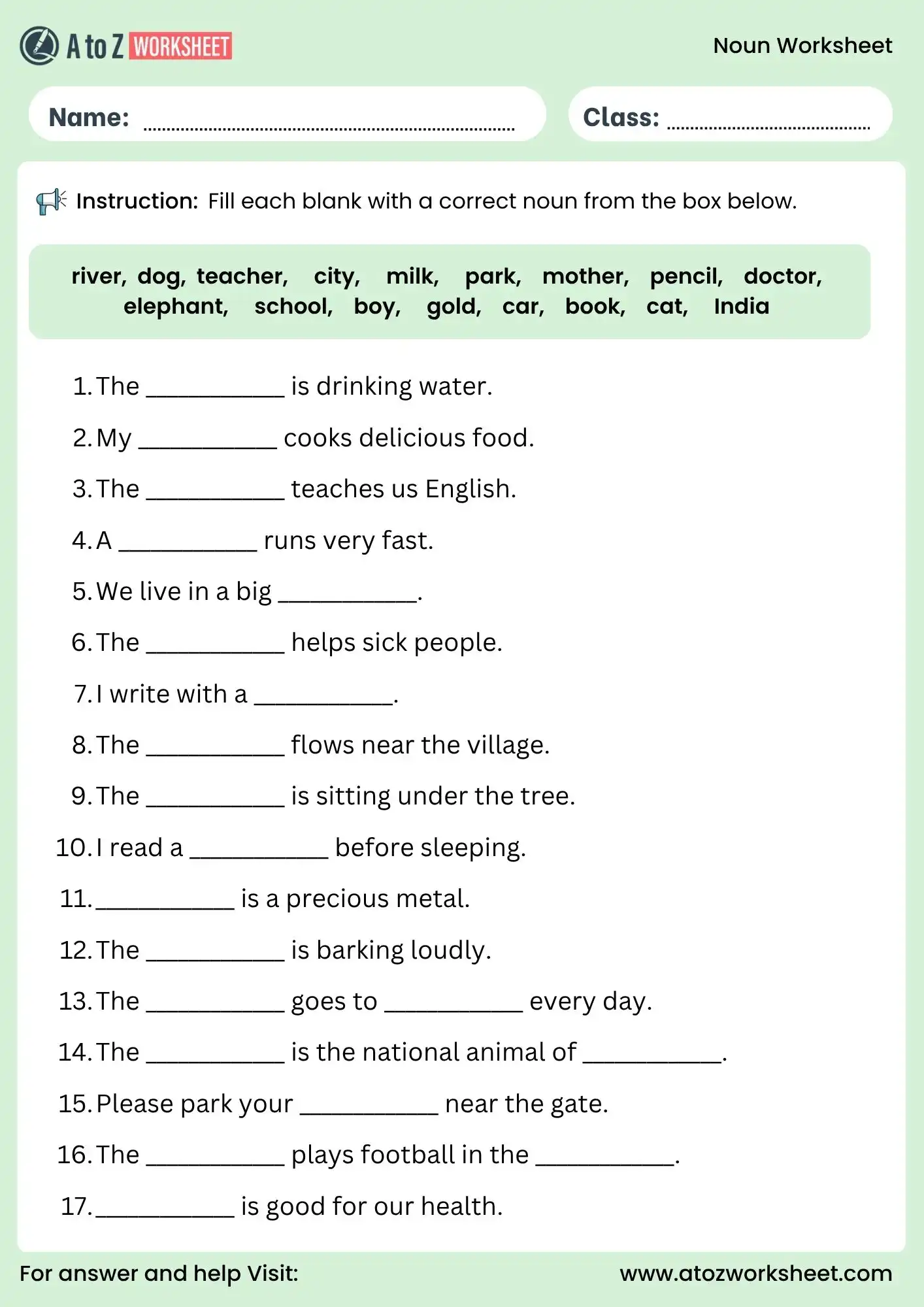 noun worksheets for class 5 fill in the blanks activity
