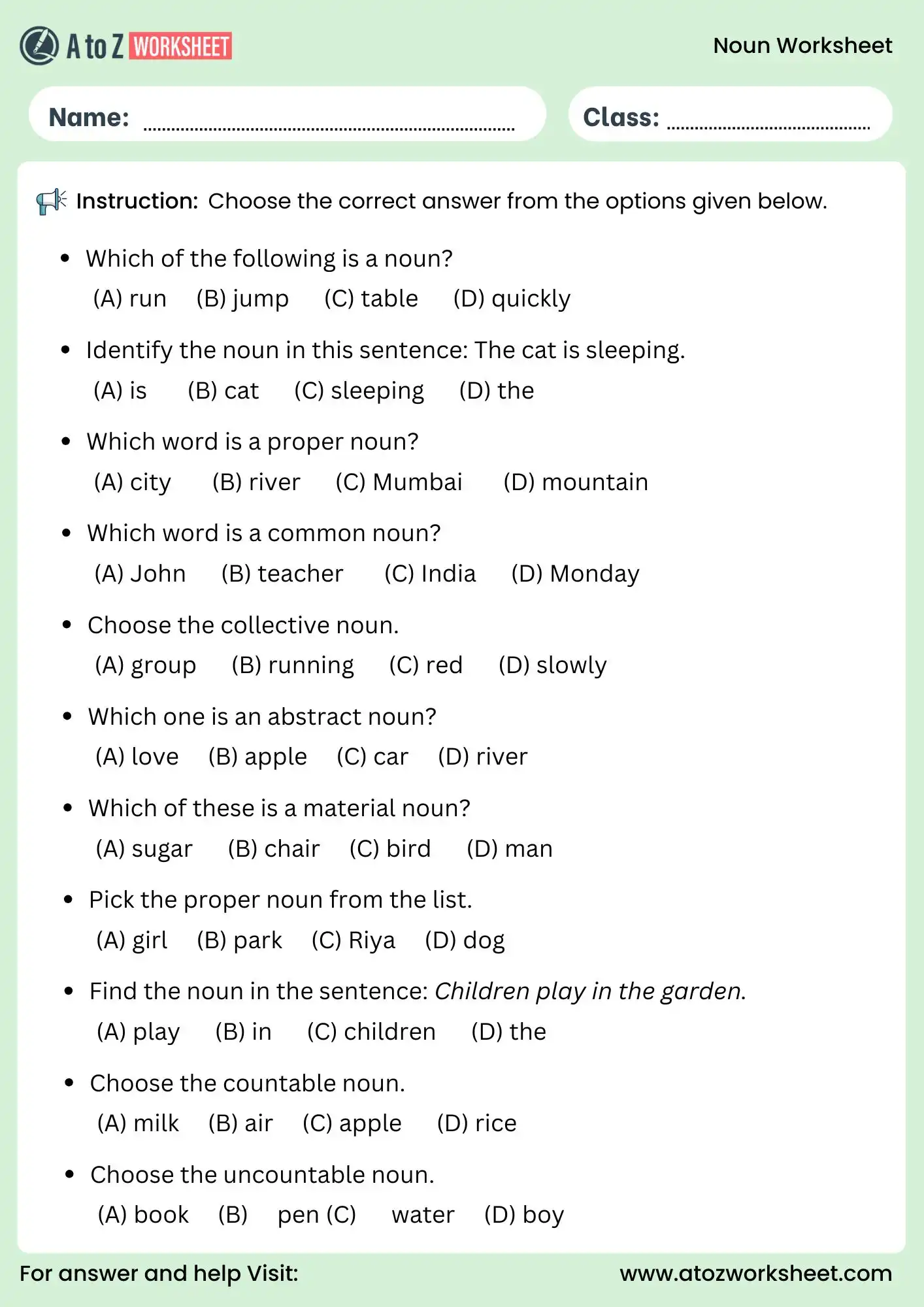 noun worksheets for grade 5 multiple choice grammar activity