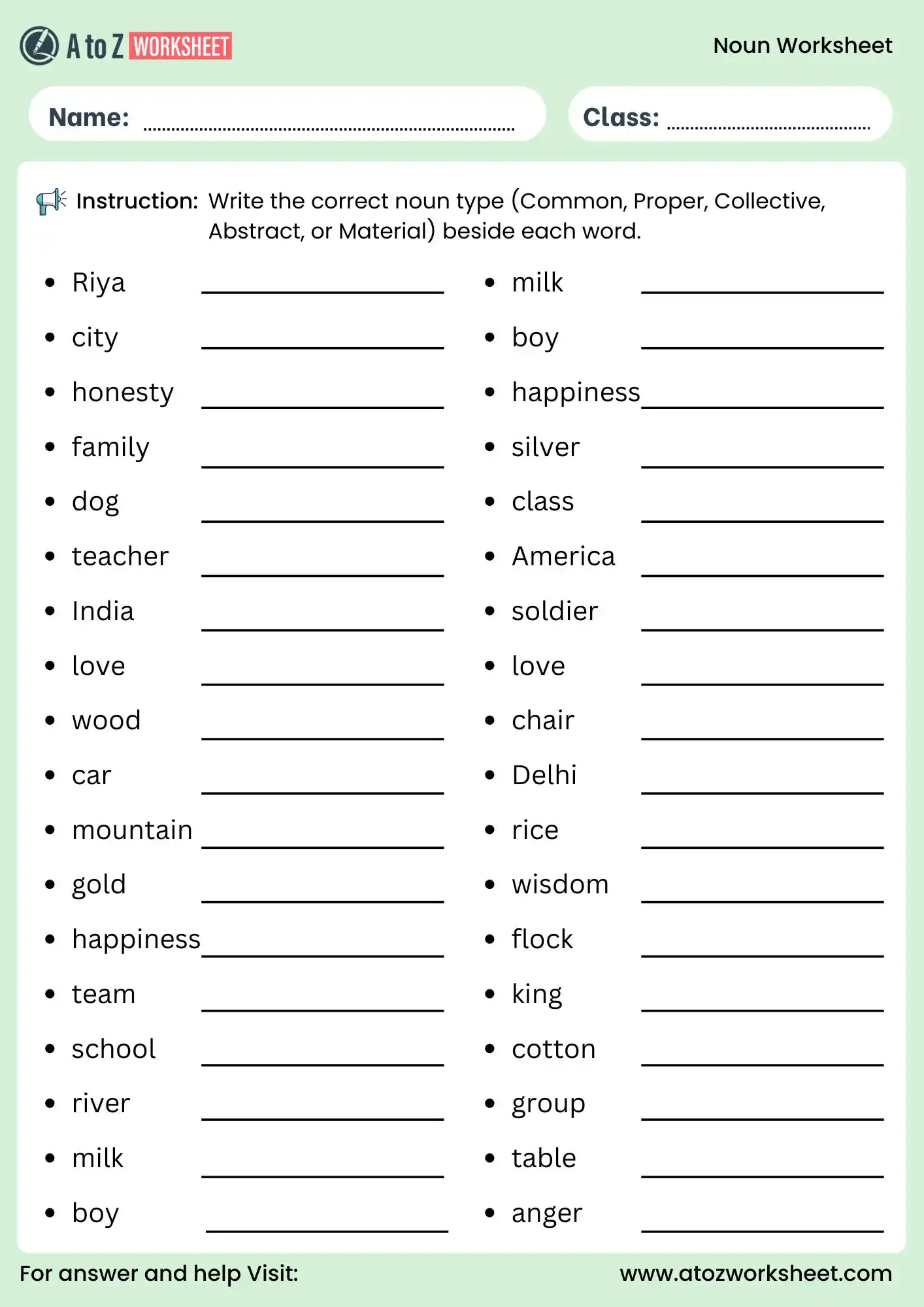 noun worksheets for grade 4 identifying noun types