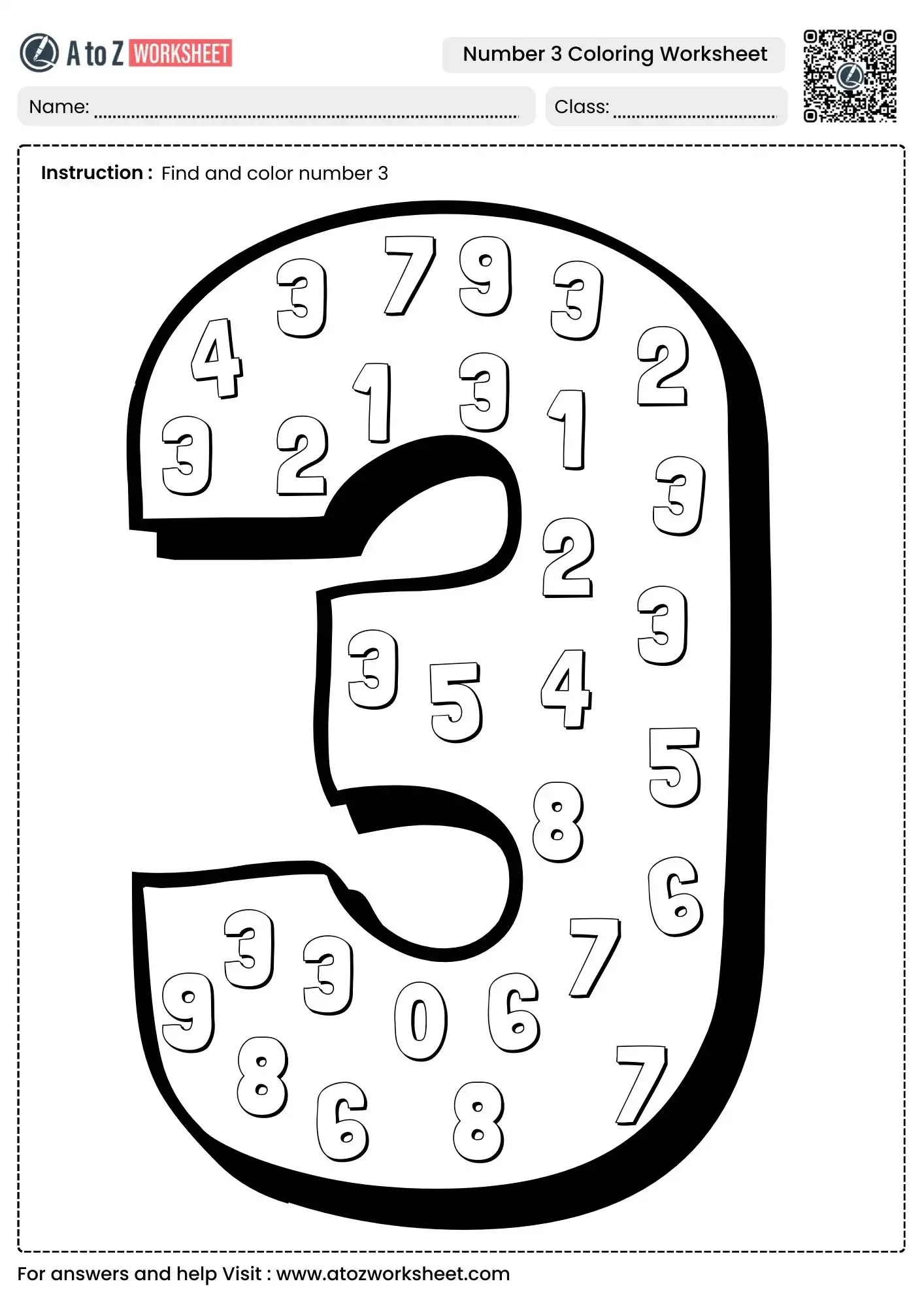 large digit number hunt for number 3 coloring worksheets