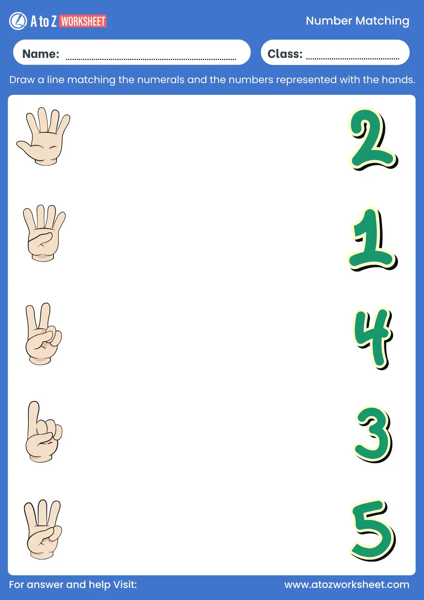 number matching worksheet with hand signs for kindergarten