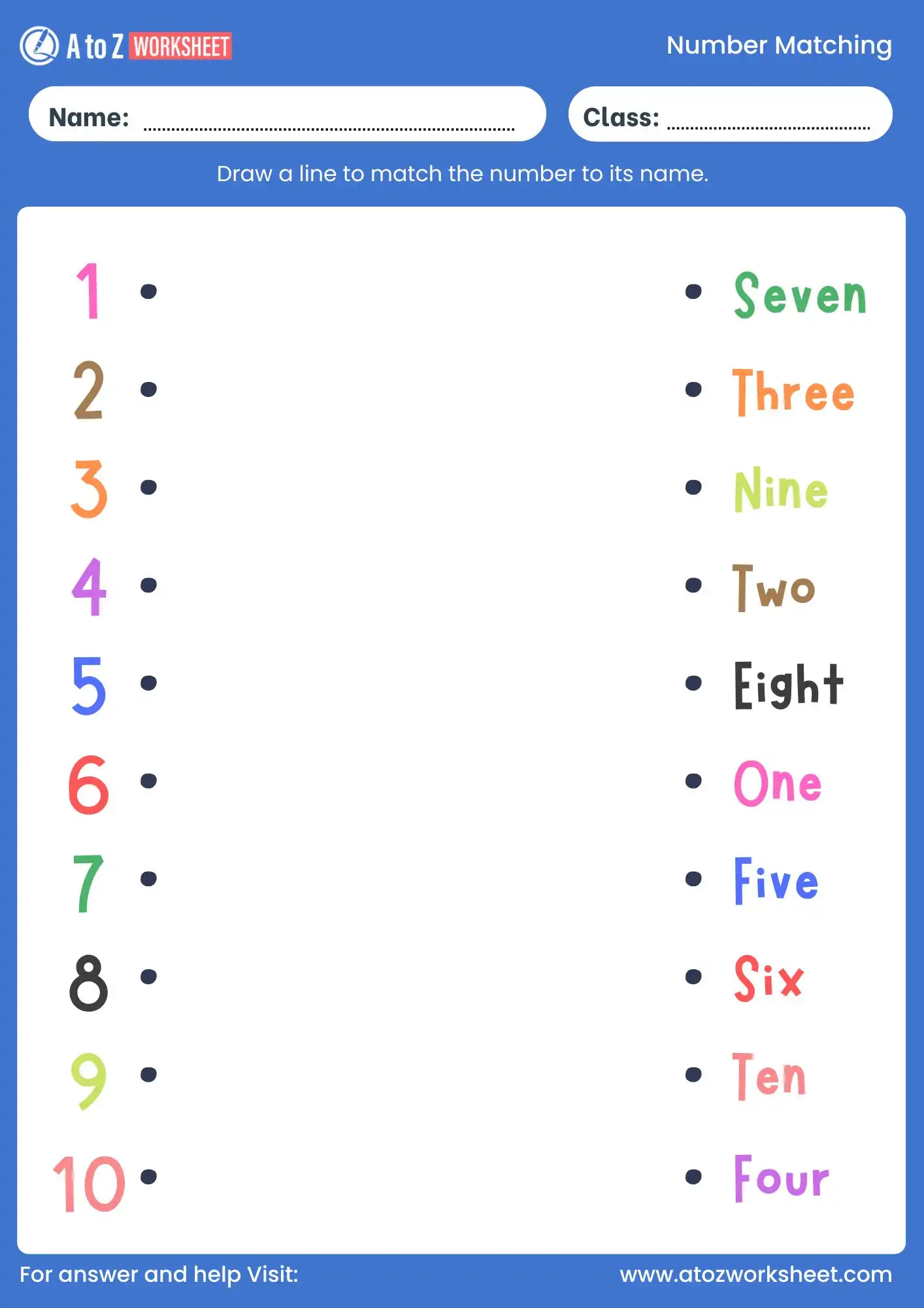 number matching worksheet 1 to 10 with names for lkg