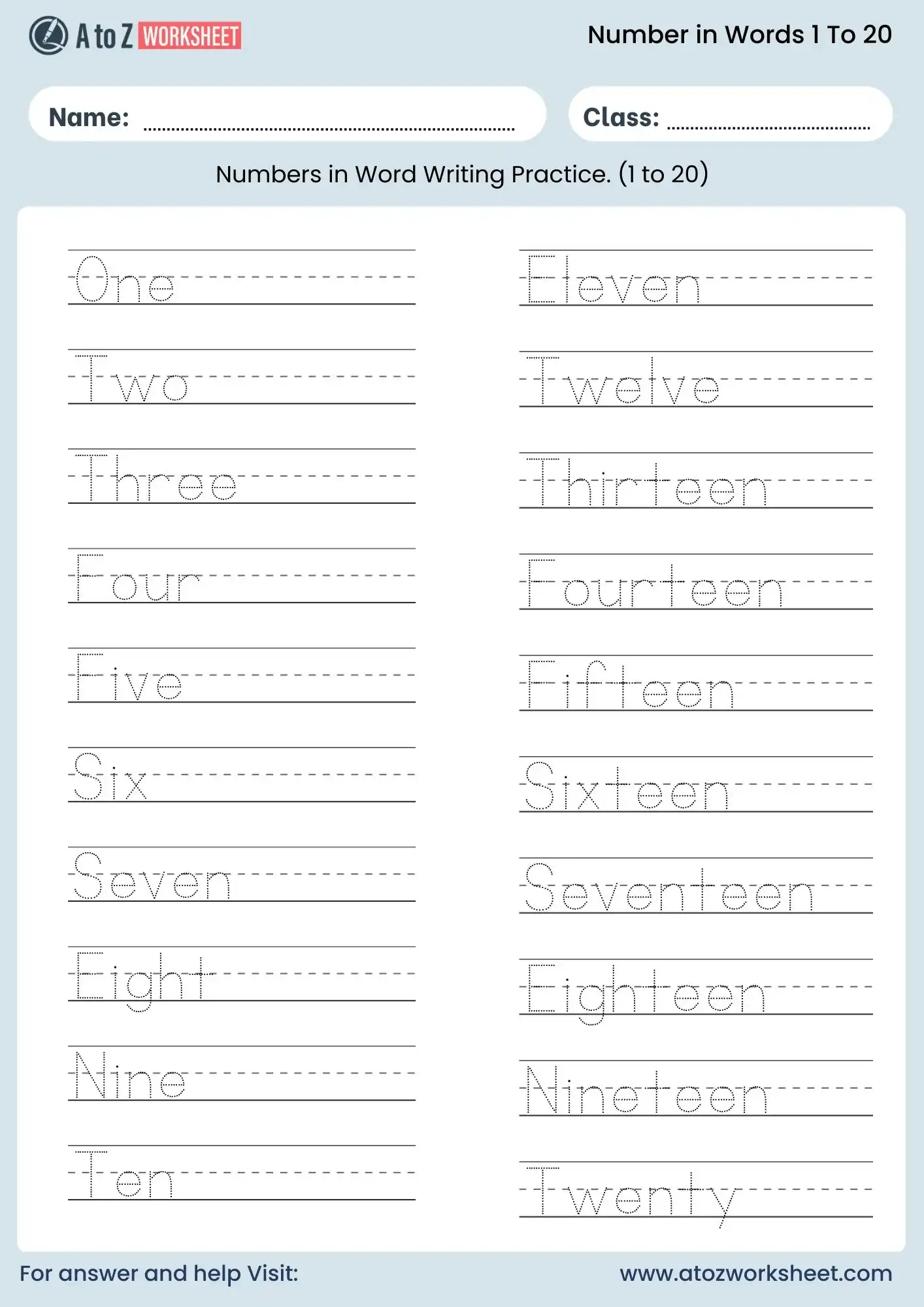 number names 1 to 20 worksheet tracing for nursery