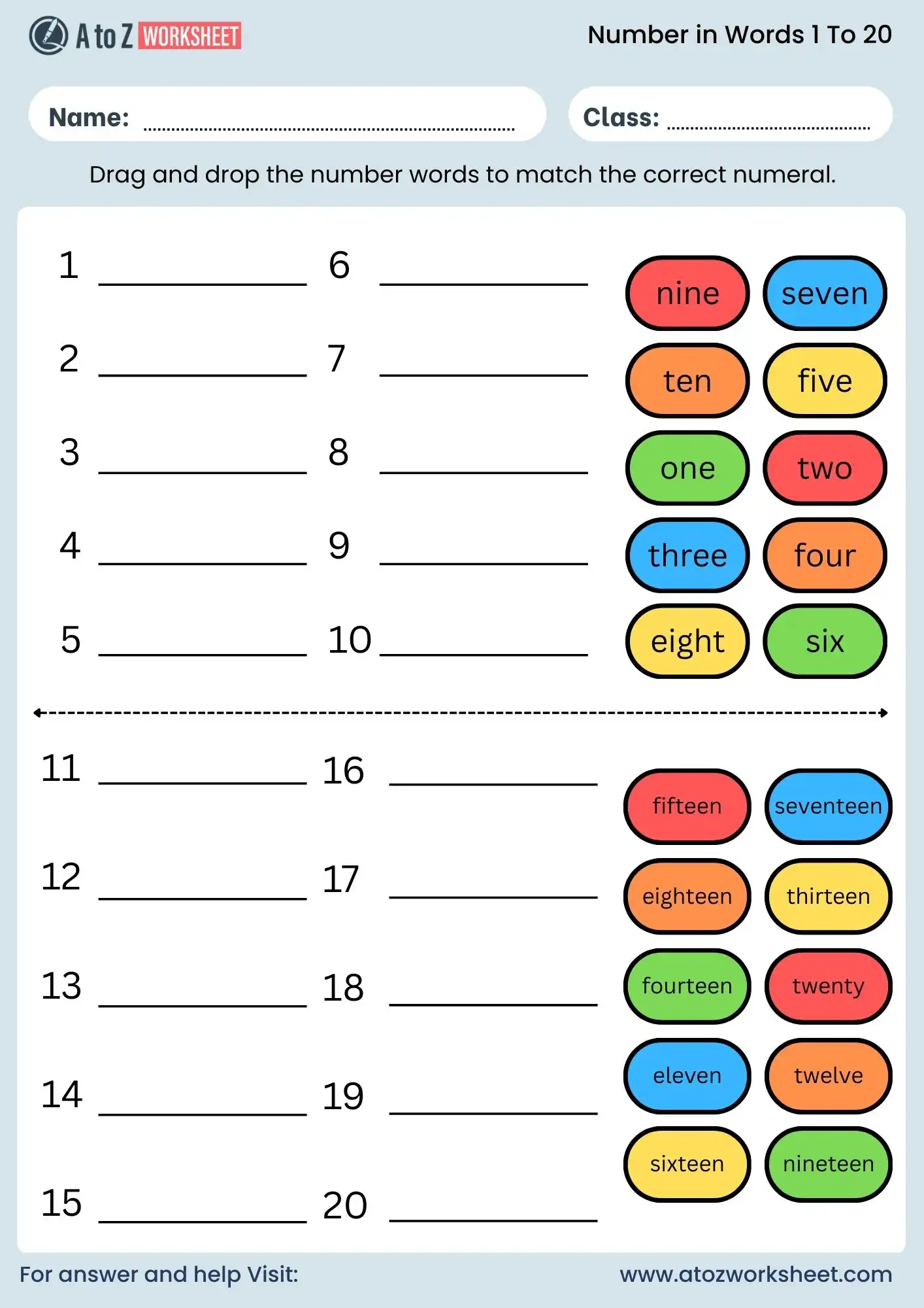 number names 1 to 20 worksheet matching activity