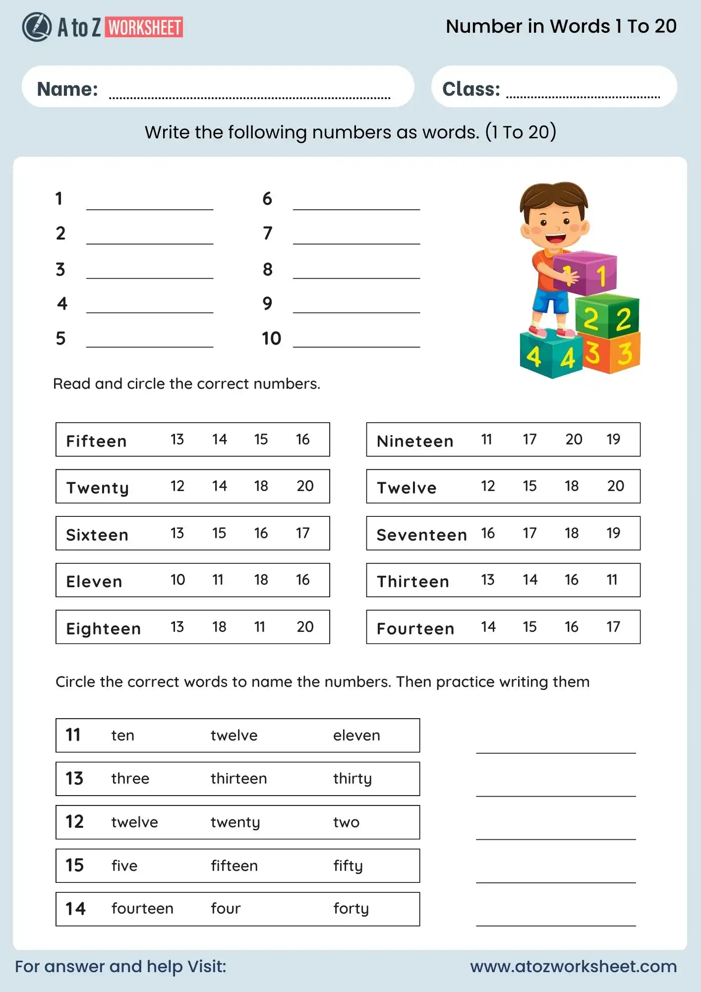 number names 1 to 20 worksheet for ukg write and circle
