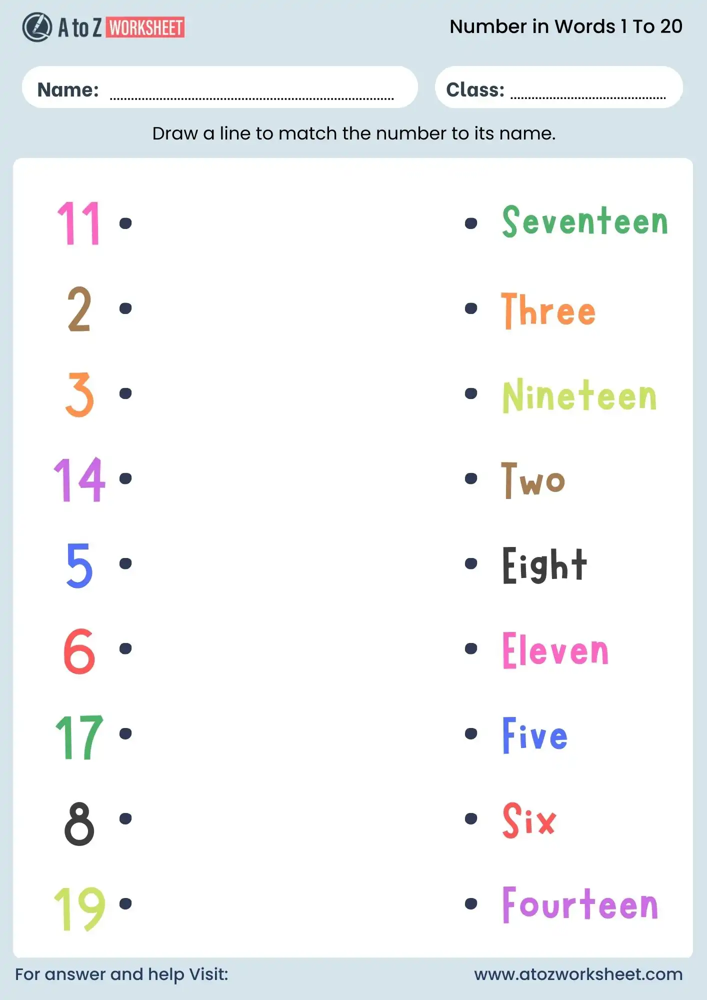 number names 1 to 20 worksheet for lkg line matching